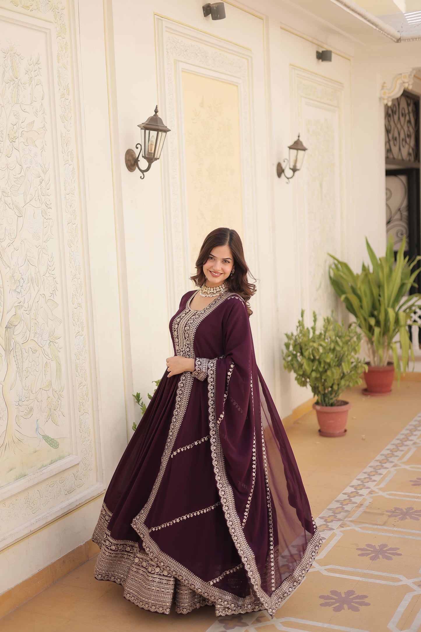 Wine Faux Blooming Sequins Embroidered Gown with Matching Dupatta  Festive & Party Wear 2024