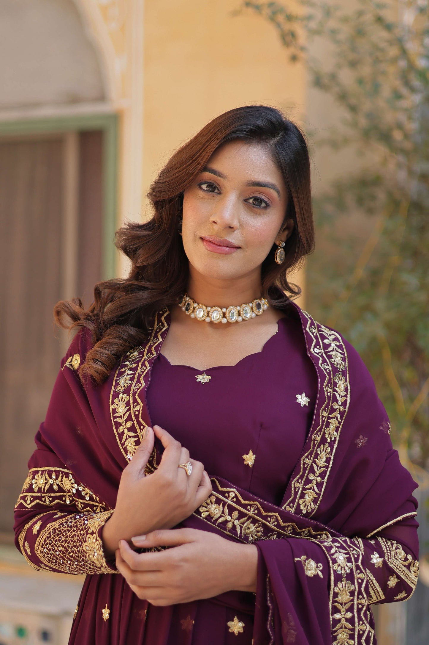 Wine Faux Blooming Georgette Designer Gown with Zari & Sequins Embroidered Dupatta