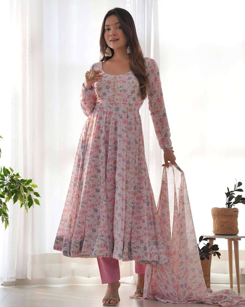 Womens Crunchy Silk Anarkali Kurti with Pant & Dupatta Set