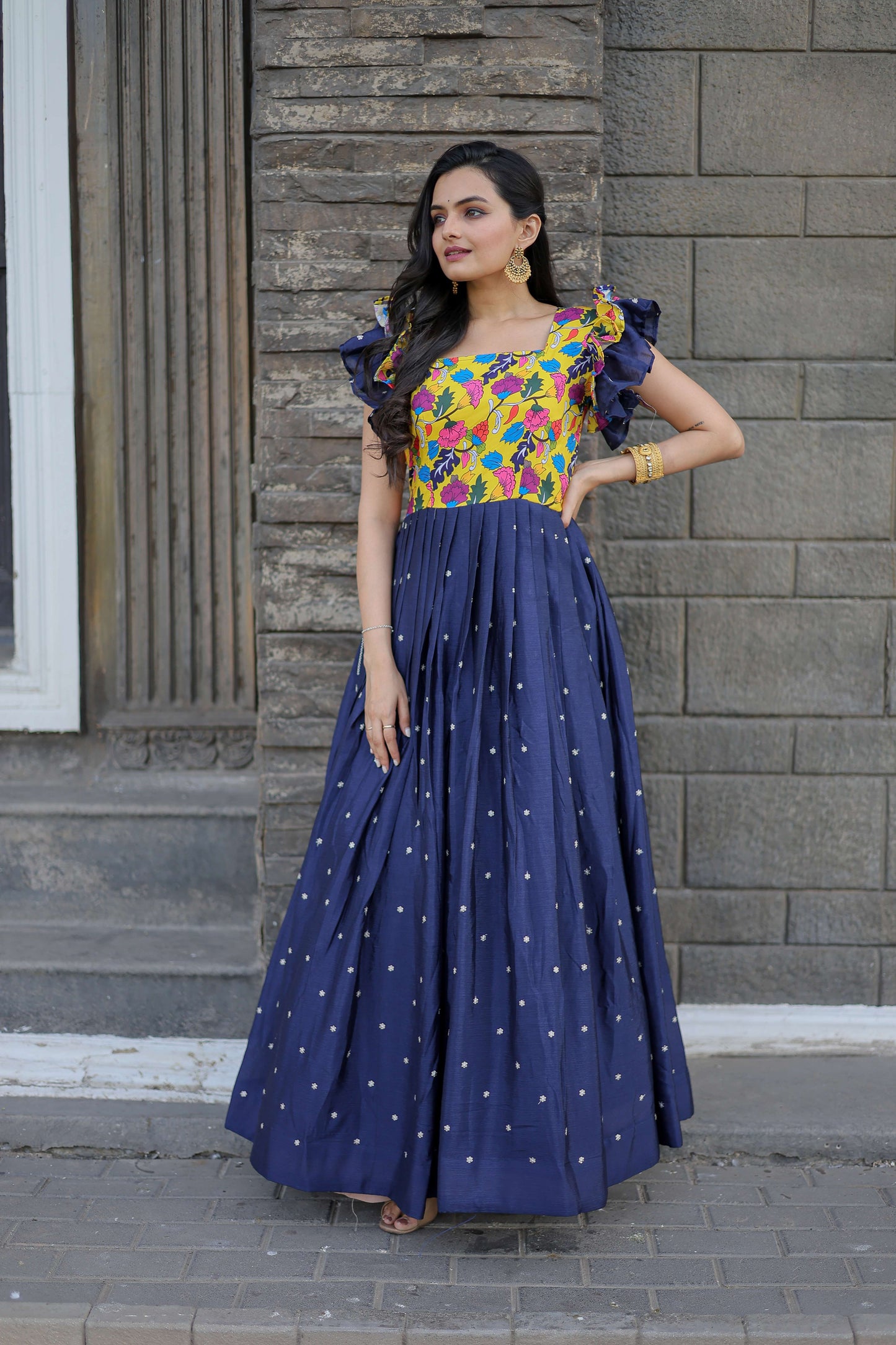 Blue Maslin & Chinon Designer Gown with Embroidery  Elegant Ready-to-Wear Womens Dress