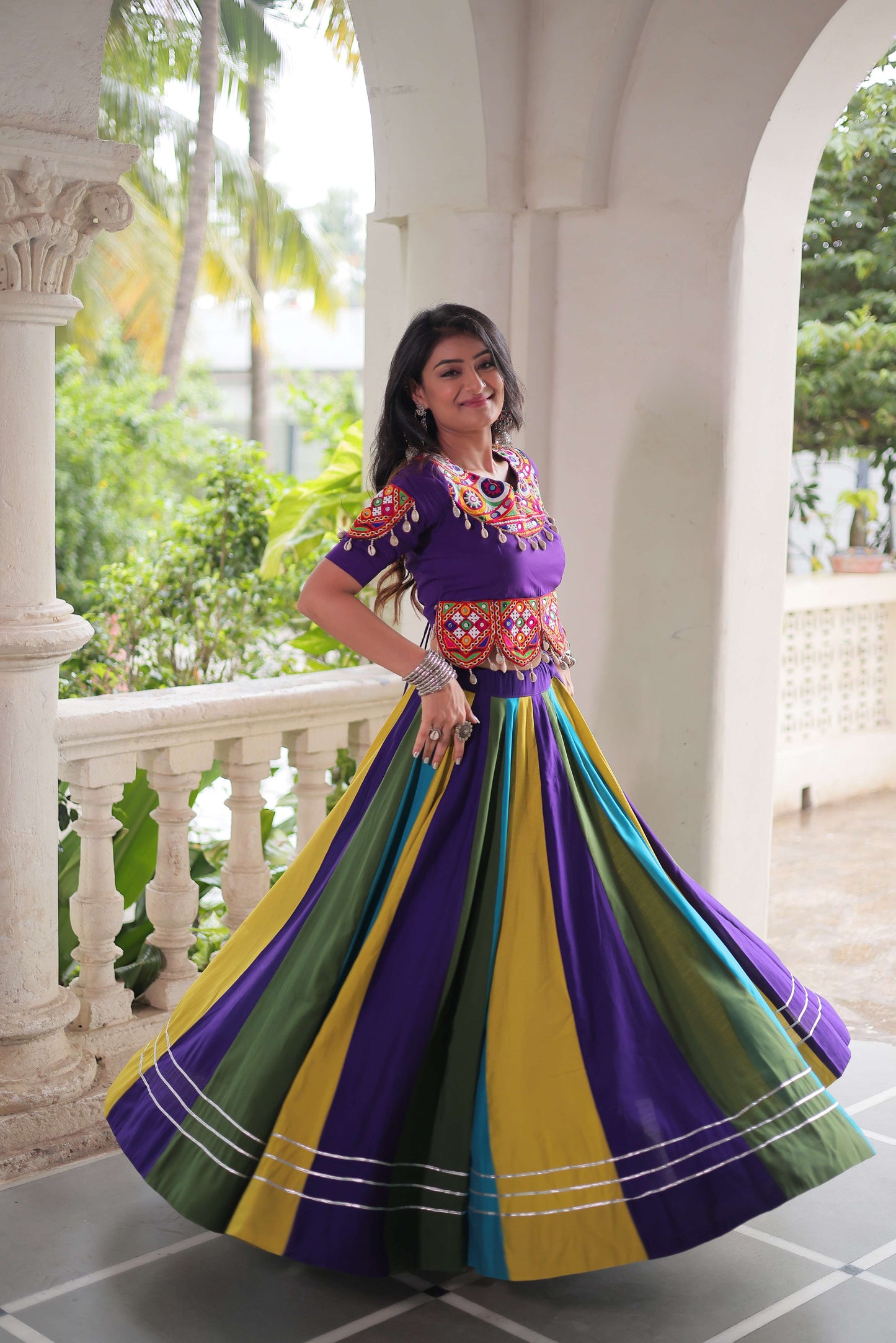 Multicolor Roman Fabric Navratri Lehenga Choli Set with Mirror & Gota Lace