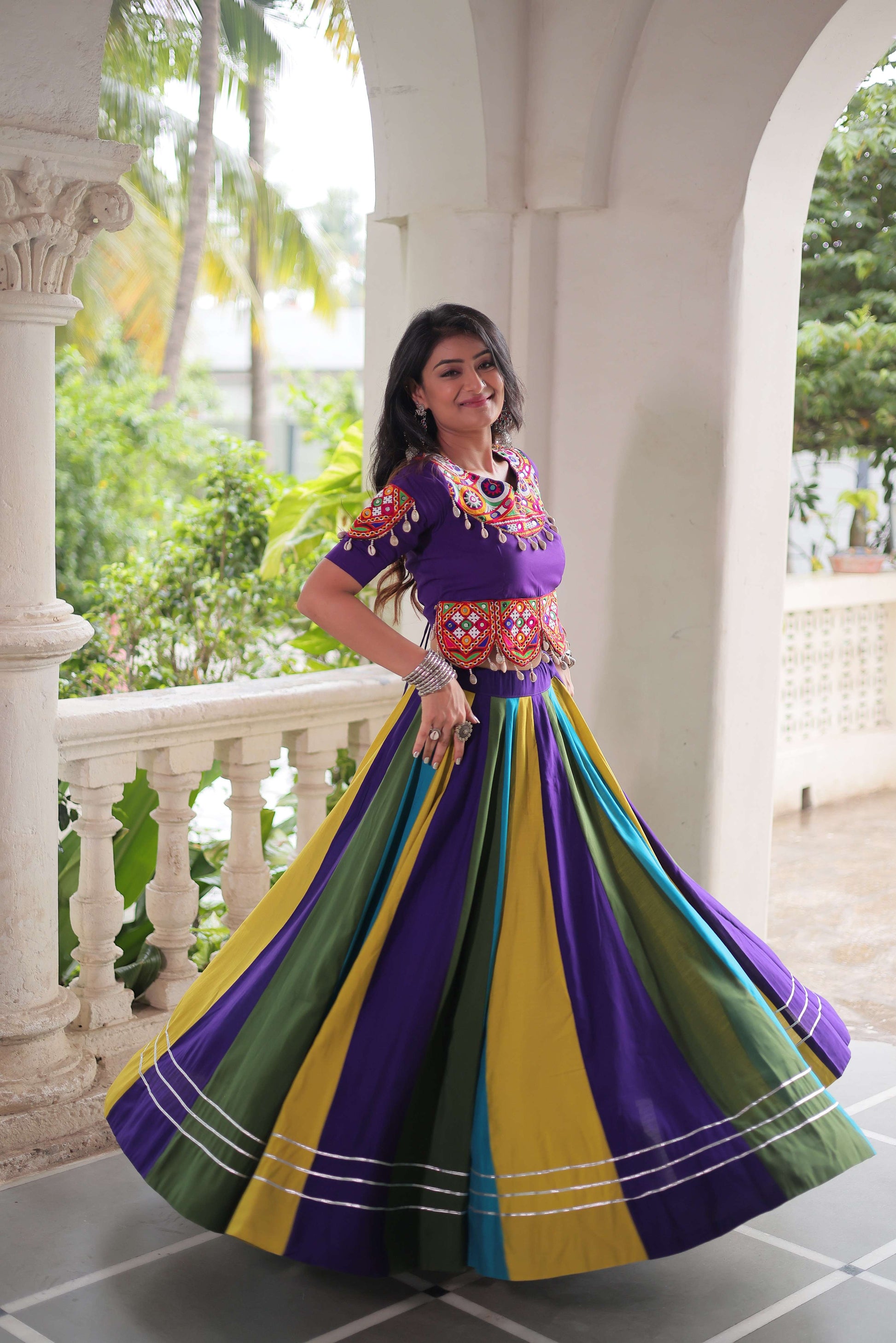 Multicolor Roman Fabric Navratri Lehenga Choli Set with Mirror & Gota Lace
