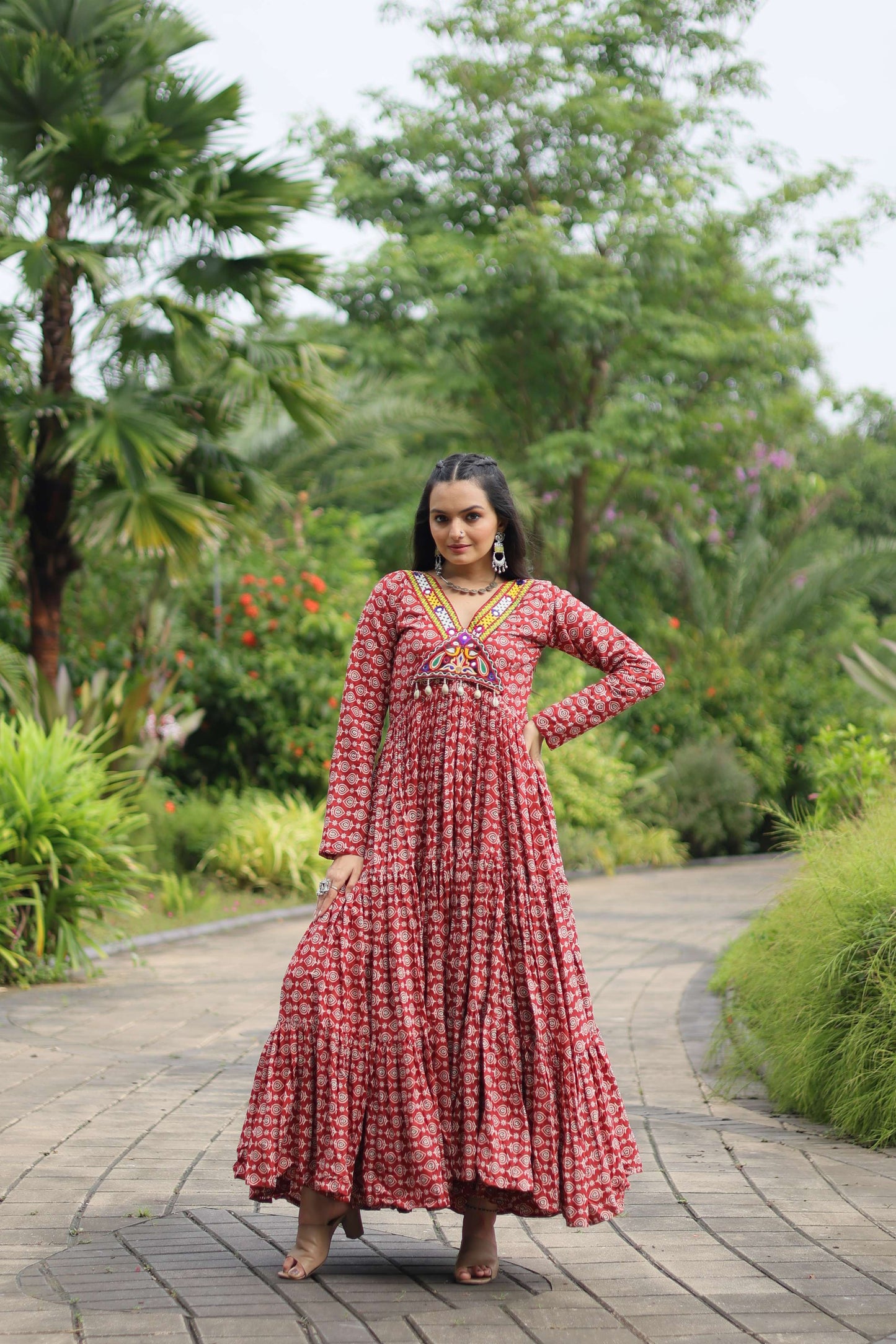Maroon Designer Printed Cotton Gown with Kutchi Gamthi Lace & Kodi Work