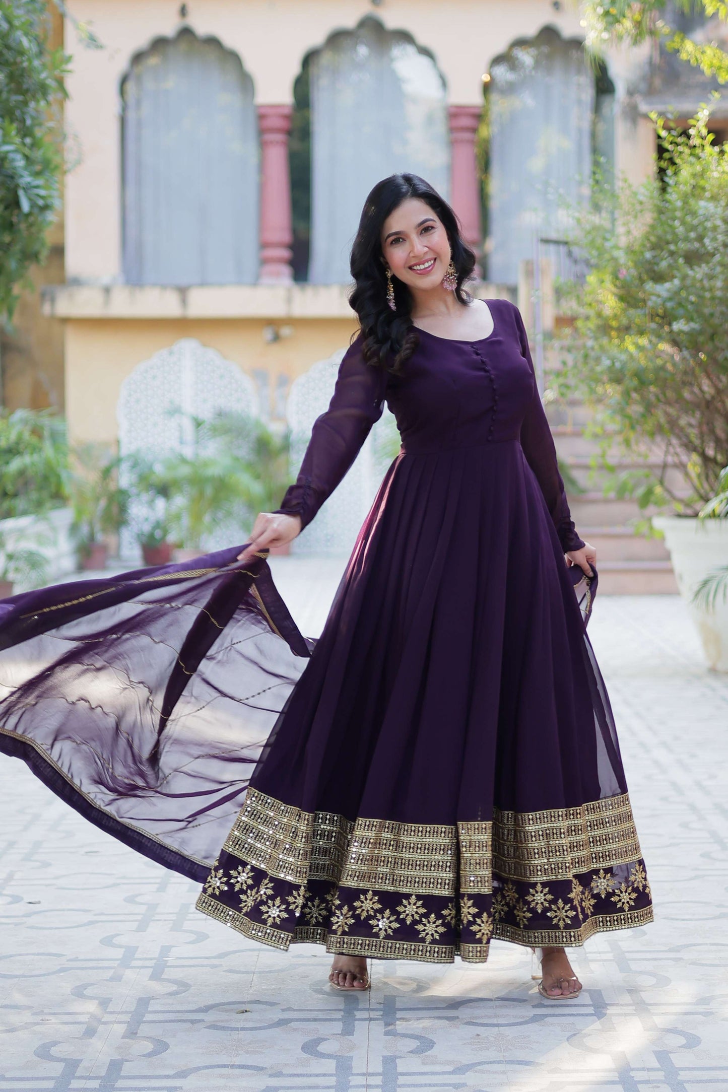 Wine Faux Blooming Gown with Multi-Sequins Embroidered Dupatta