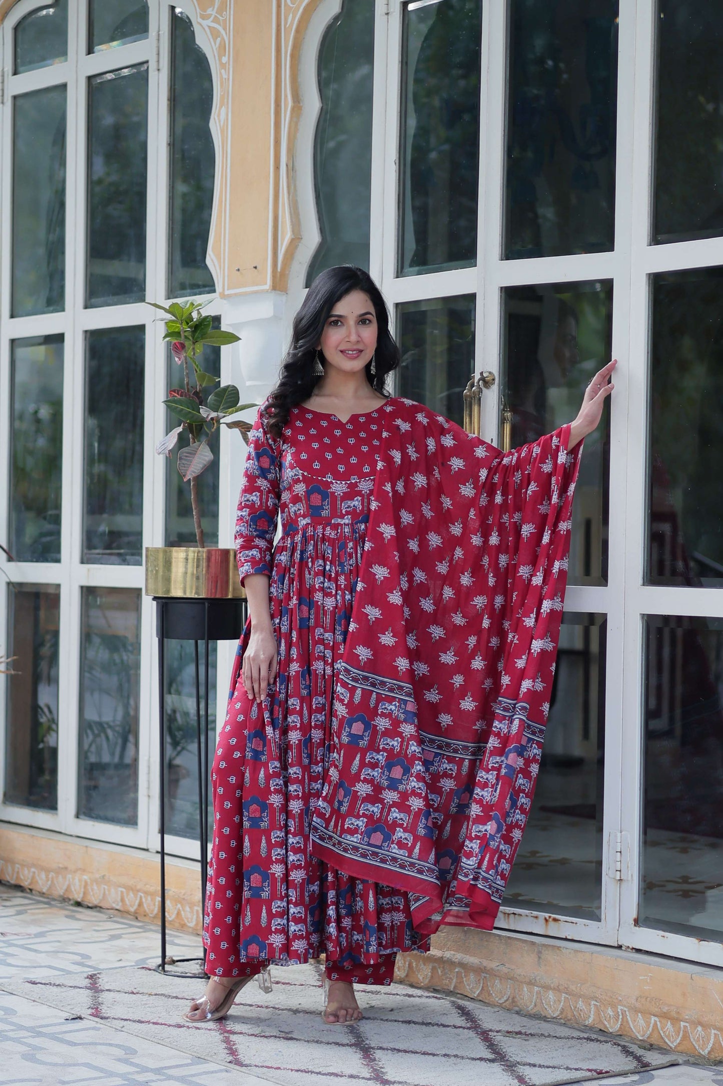 Maroon Premium Pure Cotton Kurti with Pant & Dupatta Set – 3 Piece Ethnic Wear