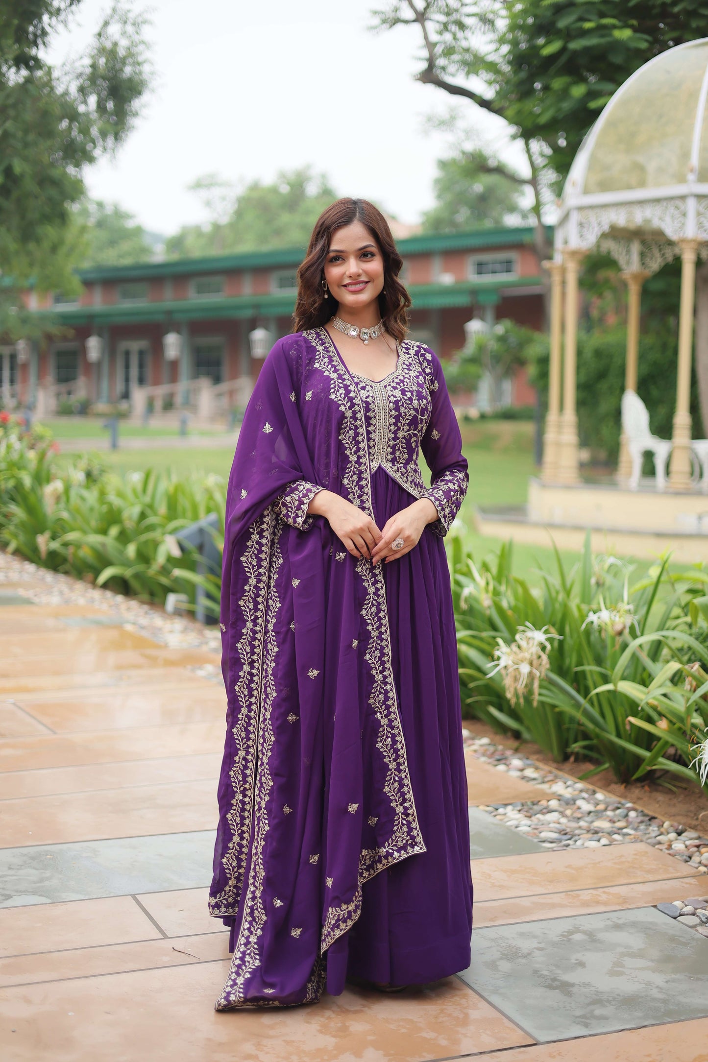 Purple Faux Blooming Sequins & Zari Embroidered Gown with Matching Dupatta