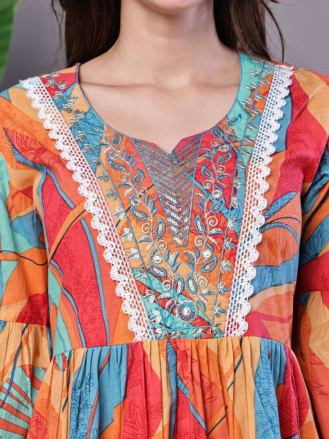 Wome's Vibrant Print Cotton Tunic Dress with Crochet Lace & Three-Quarter Sleeves Midi Dresses