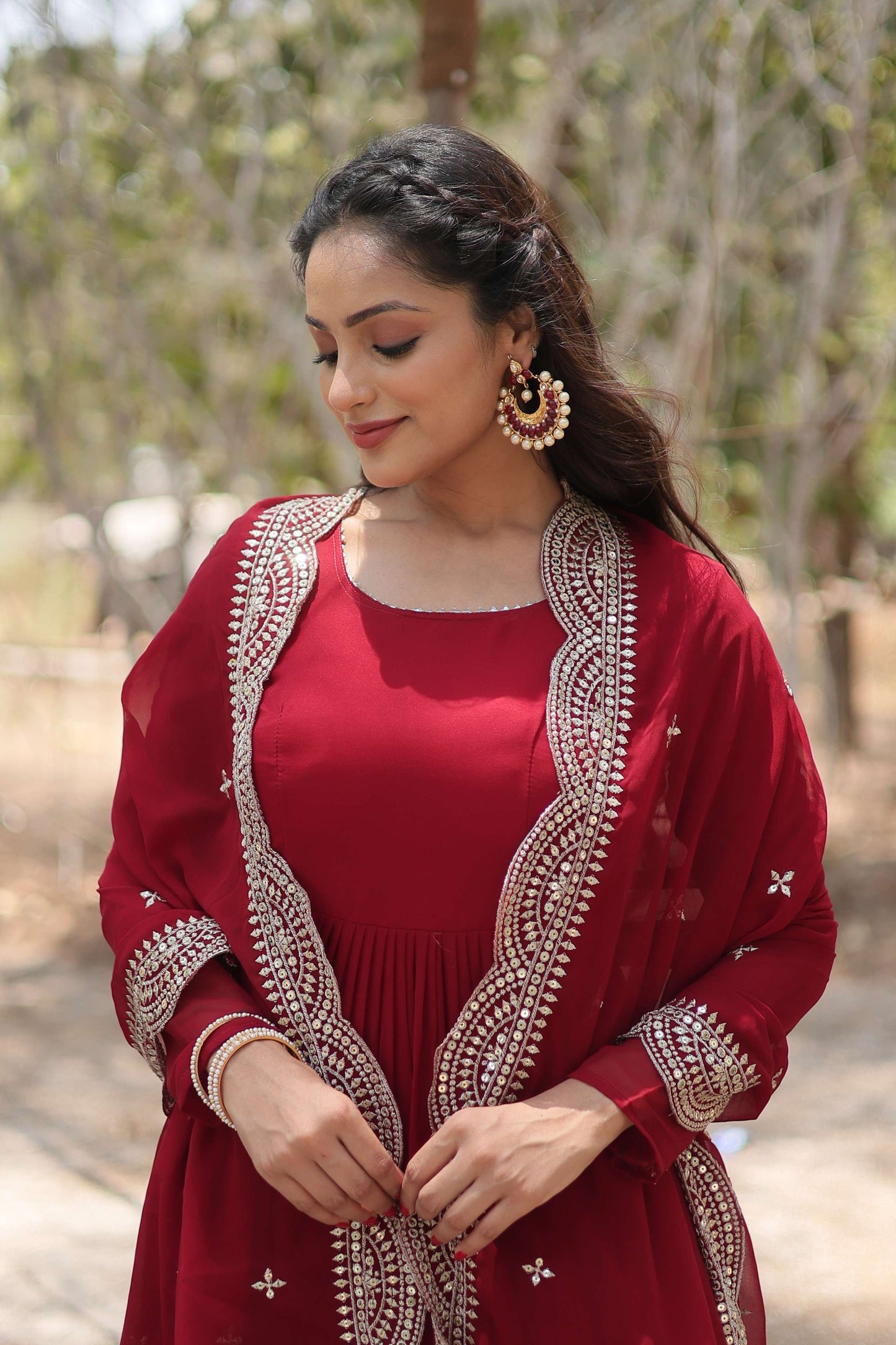 Maroon Premium Faux Georgette Designer Gown with Sequined Dupatta  Fully Flaired Ready-to-Wear Set