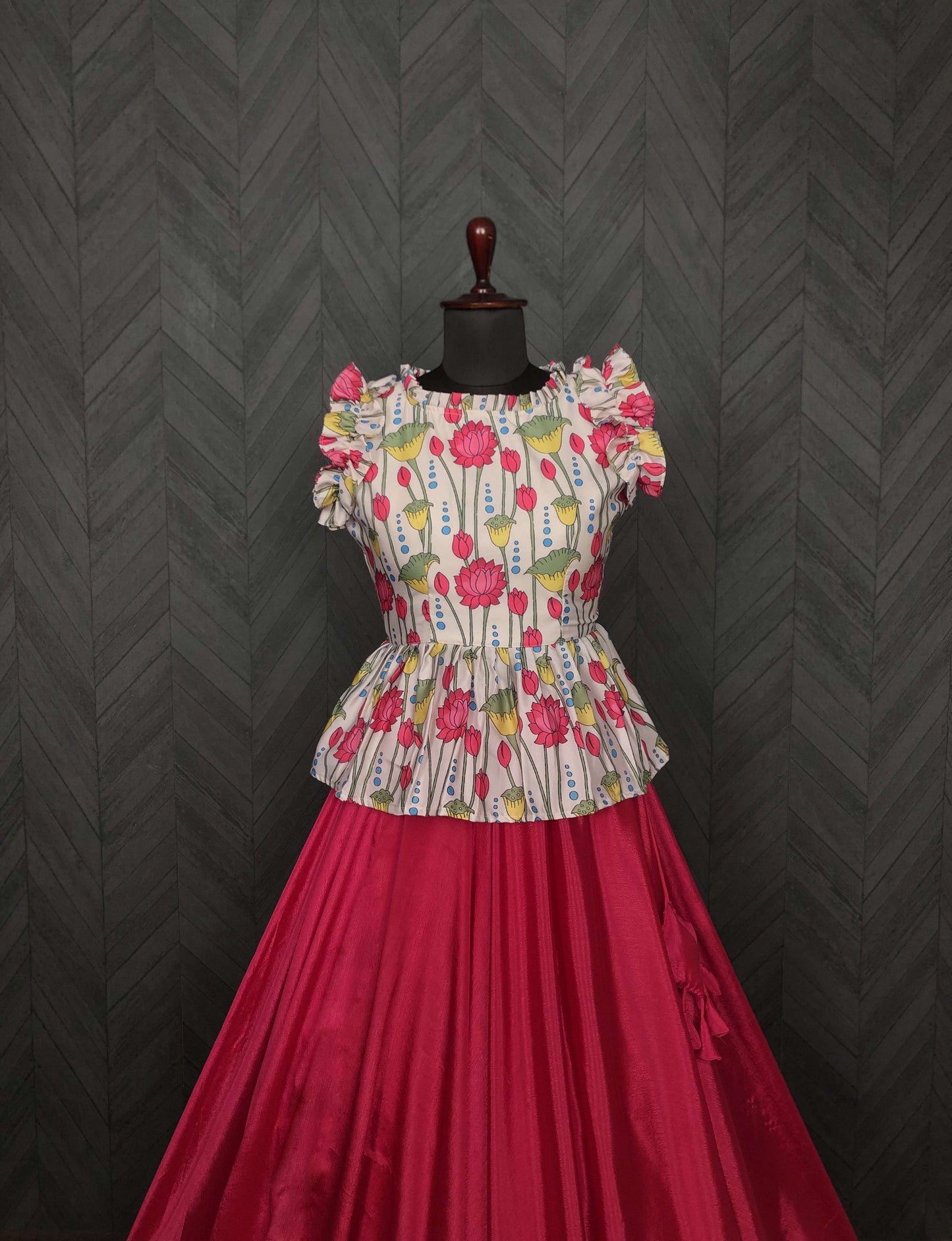 Premium Chinnon Lehenga with Kalamkari Print Maslin Satin Peplum Blouse
