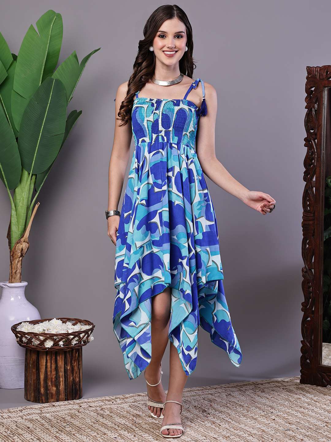 Women's Blue Printed Cotton Handkerchief Hem Dress Midi Dresses
