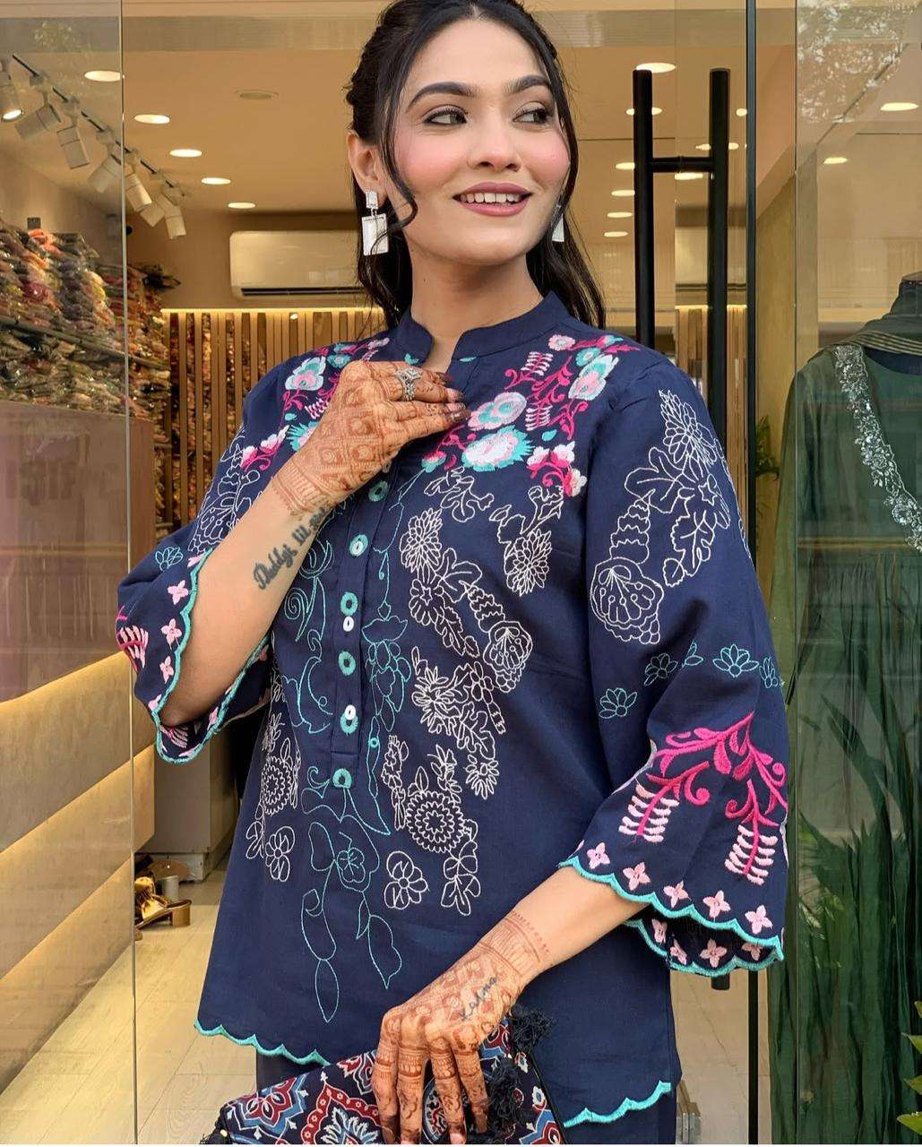 Women's Cotton Embroidery Straight Kurti With Pant Set