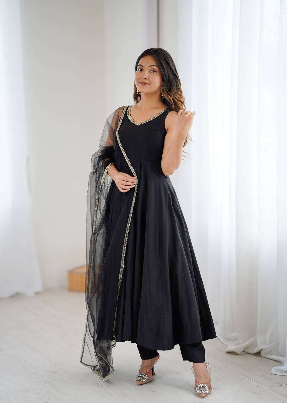 Womens Pure Romansilk Chanderi Anarkali Kurti with Pant & Dupatta Set