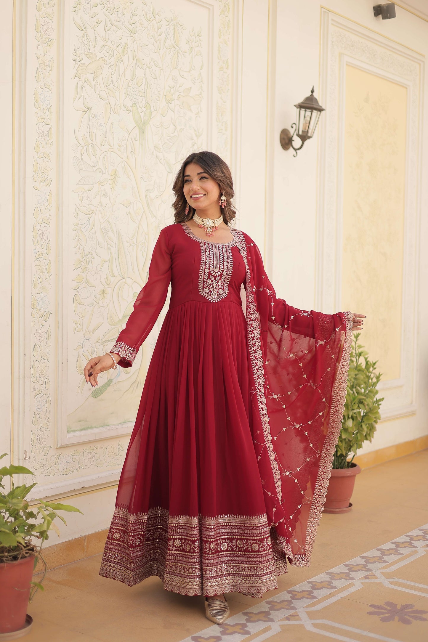 Maroon Faux Blooming Sequins Embroidered Gown with Matching Dupatta  Festive & Party Wear 2024