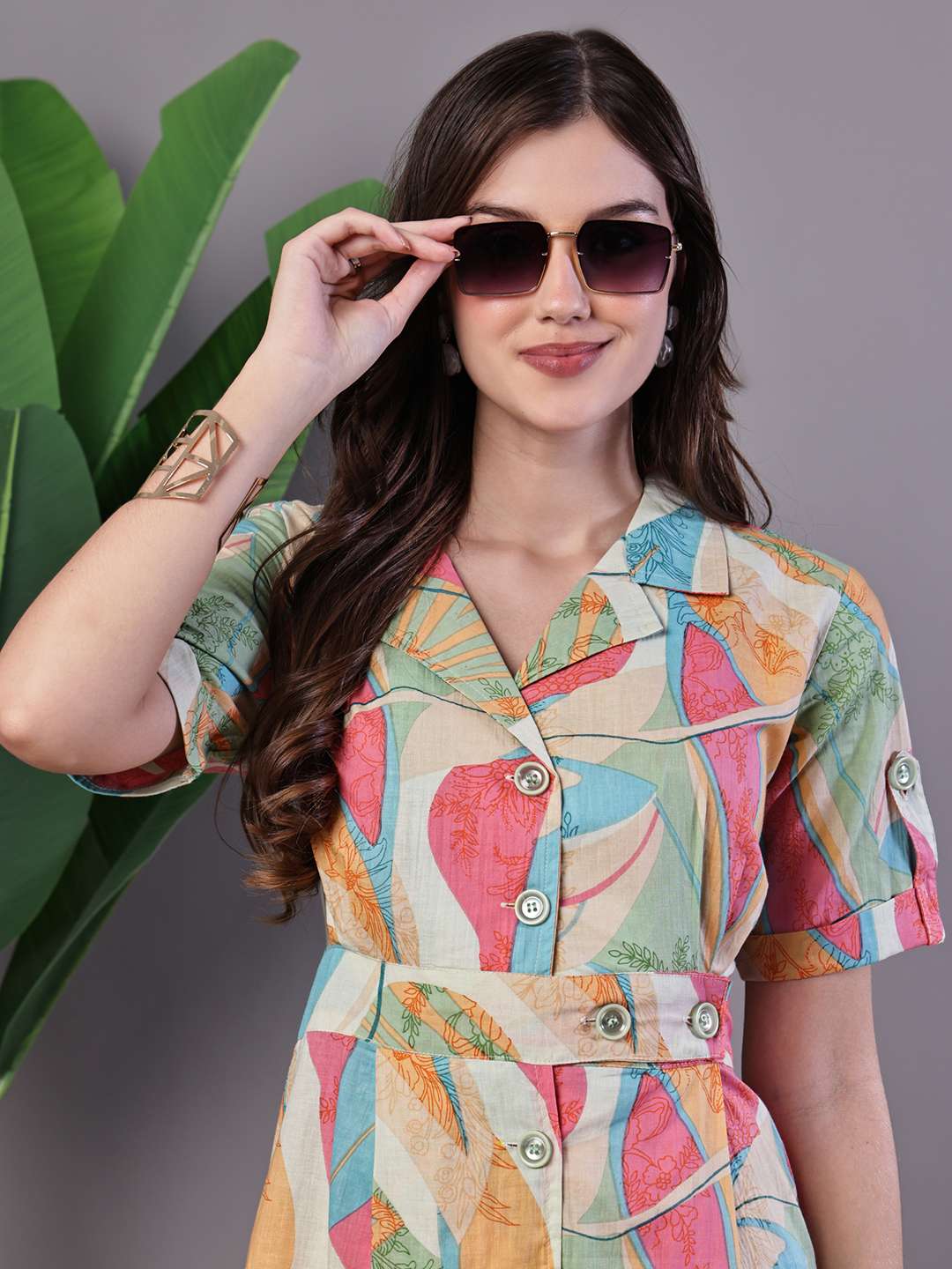 Women's Pastel Abstract Print Button-Down Cotton Midi Dress