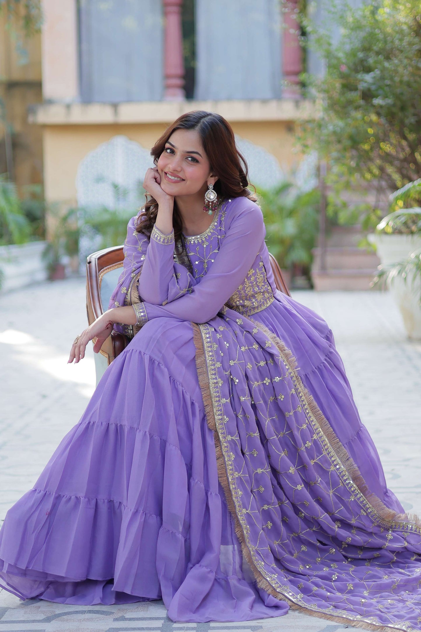 Purple Star Georgette Fully Flared Gown with Sequins Embroidered Dupatta & Lace Border