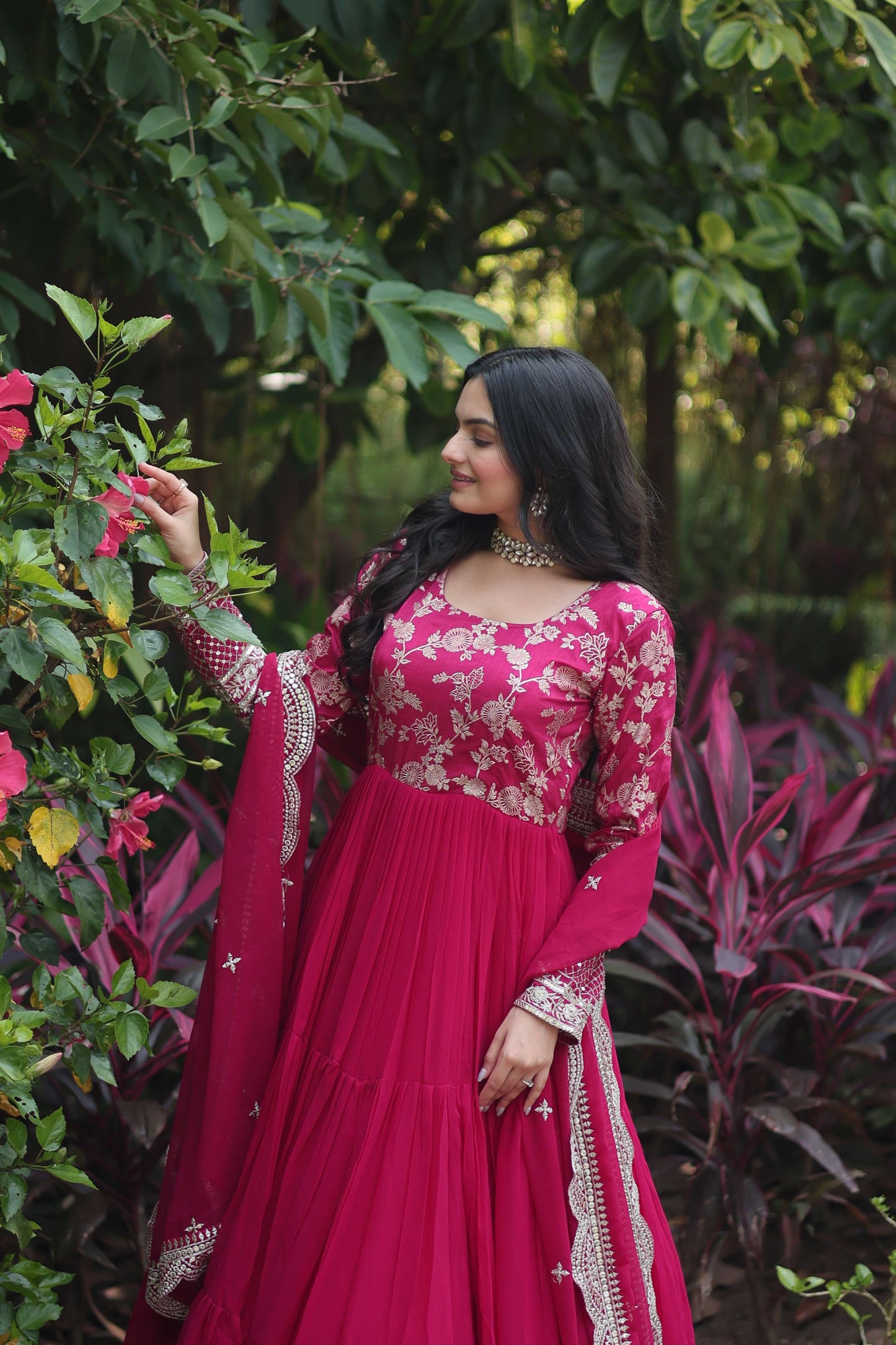 Pink Faux Blooming Designer Gown with Sequined Dupatta  Elegant Fully Flared Ready-to-Wear Set