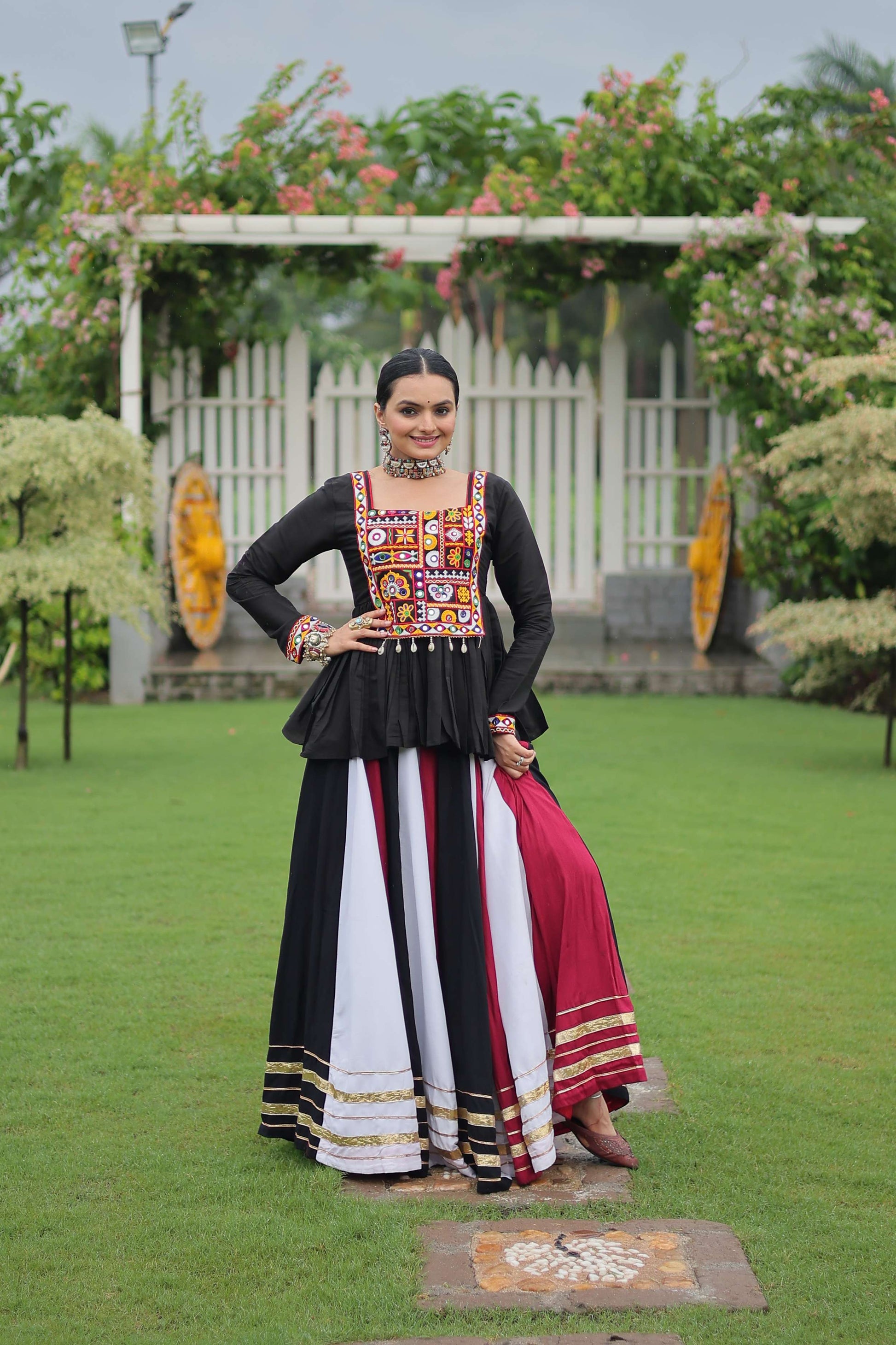 Multicolor Navratri Lehenga Choli Set with Black Peplum Top