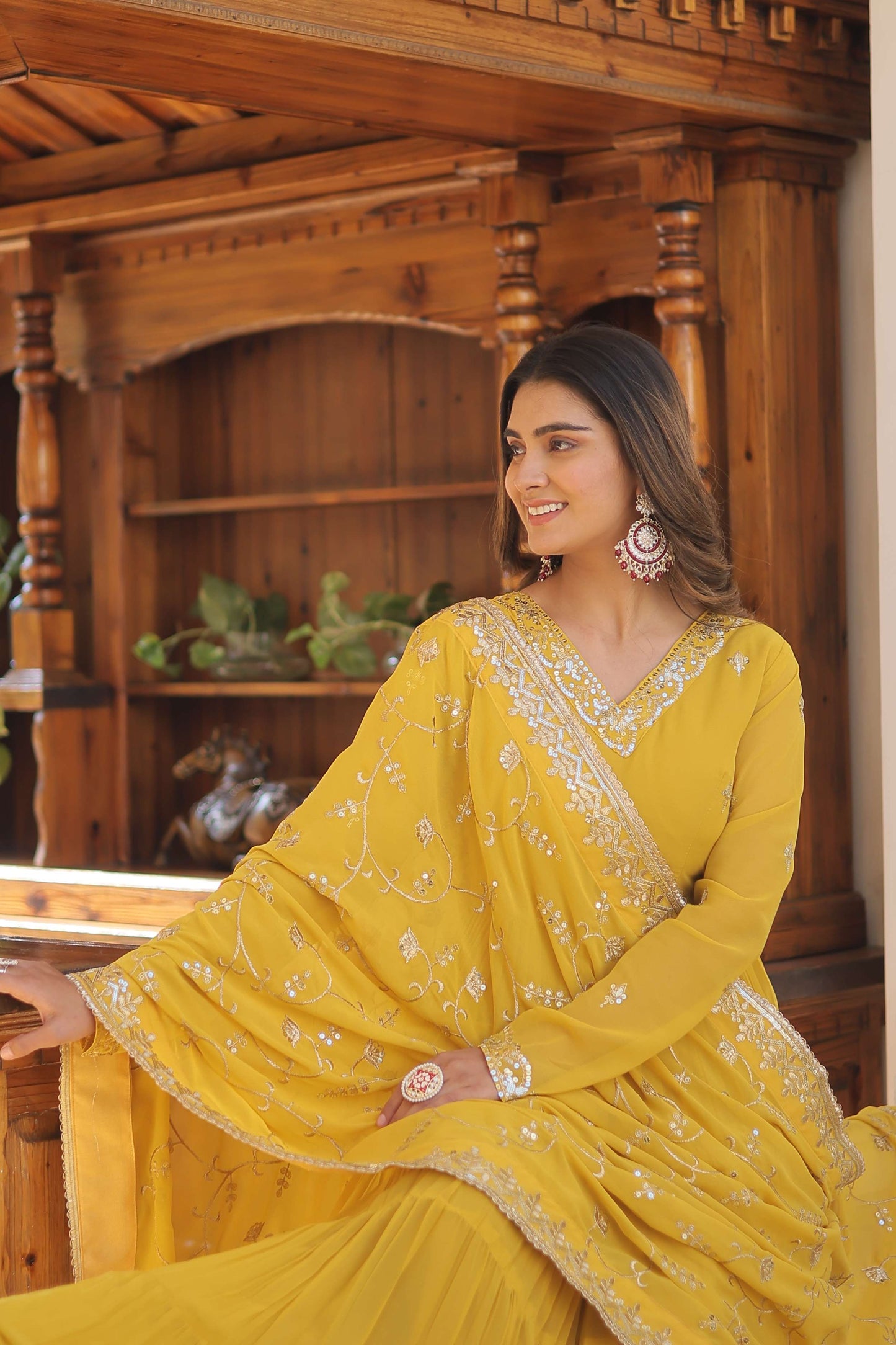 Yellow Faux Georgette Designer Gown with Sequined Dupatta  Fully Flared Elegant Party & Wedding Set