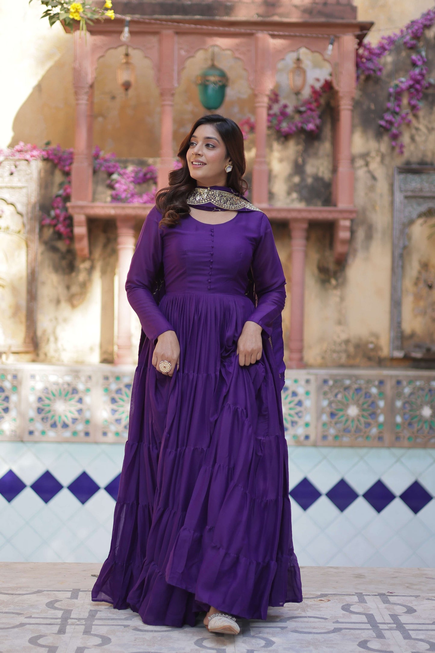 Jambli Star Georgette Fully Flared Gown with Sequins Embroidered Dupatta