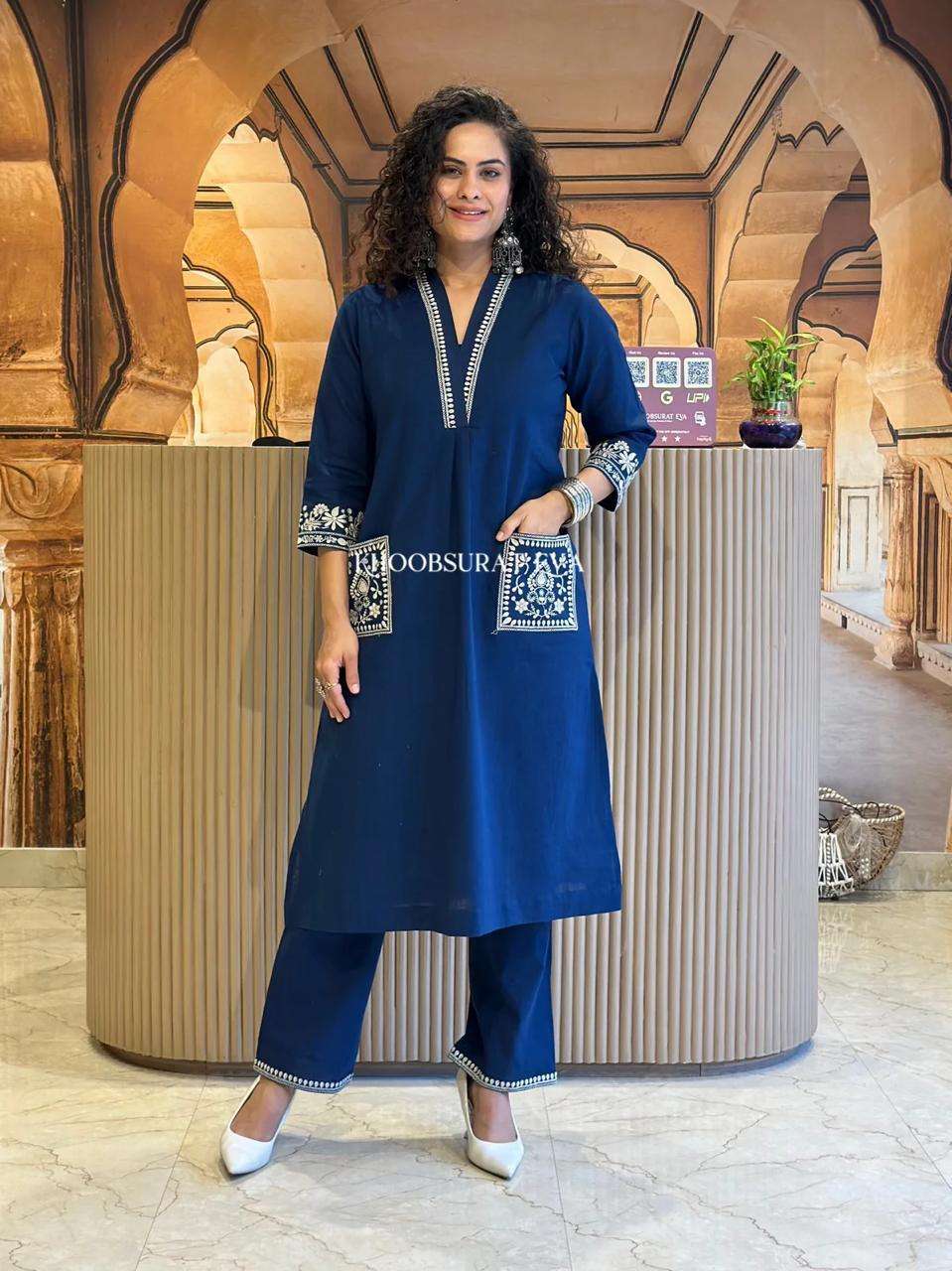 Women's Cotton Embroidery Straight Kurti With Pant Set