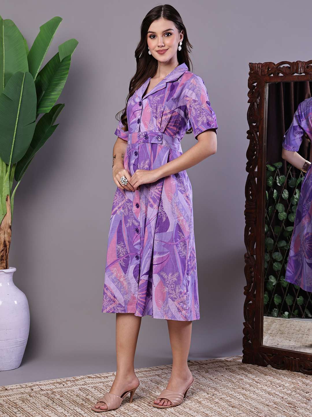Women's Purple Abstract Print Cotton Shirt Dress