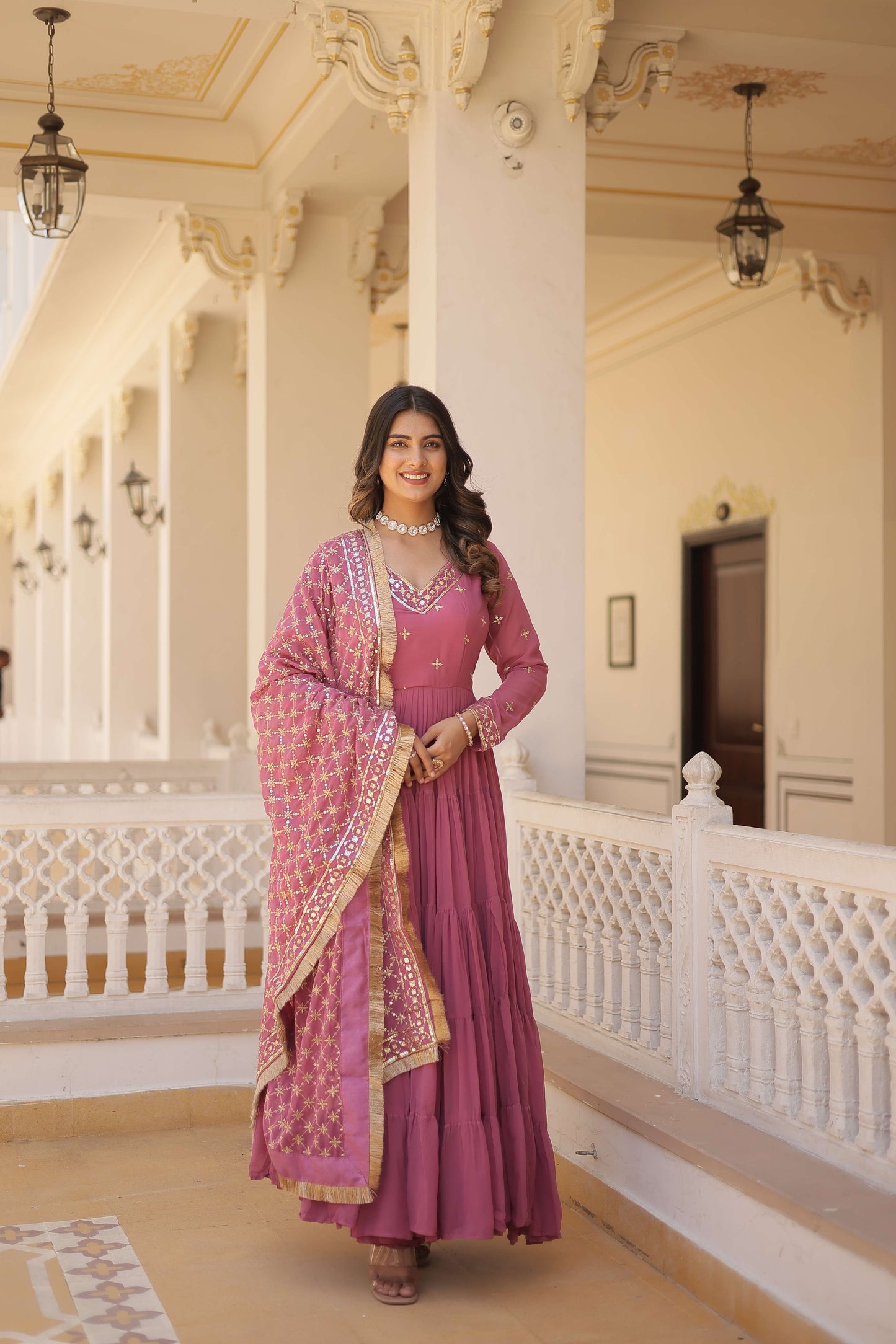 Onion Designer Faux Georgette Gown with Sequined Dupatta  Elegant Festive & Party Wear Set