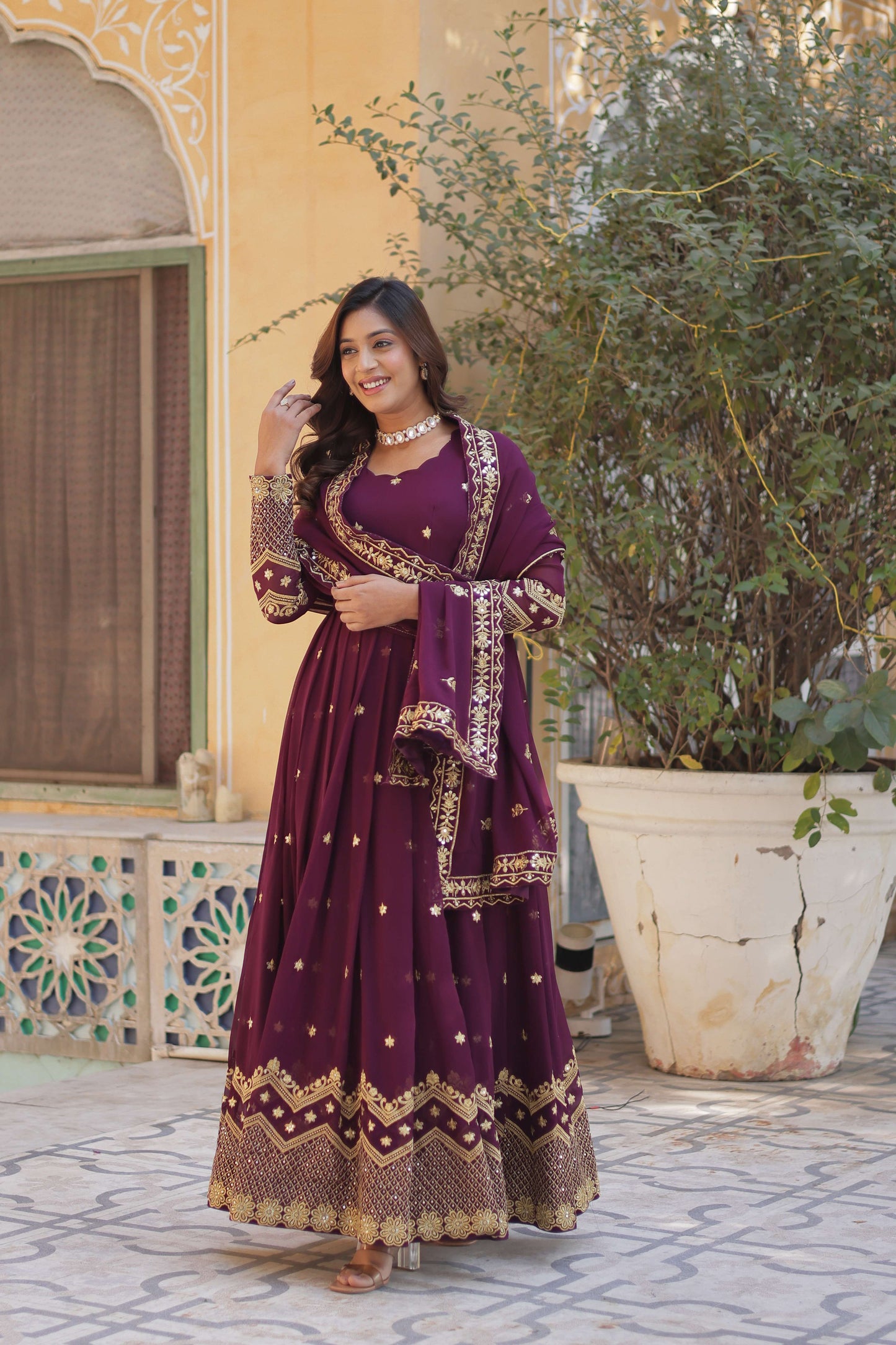 Wine Faux Blooming Georgette Designer Gown with Zari & Sequins Embroidered Dupatta
