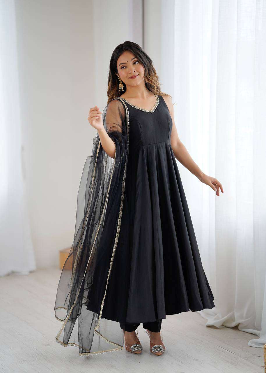 Womens Pure Romansilk Chanderi Anarkali Kurti with Pant & Dupatta Set