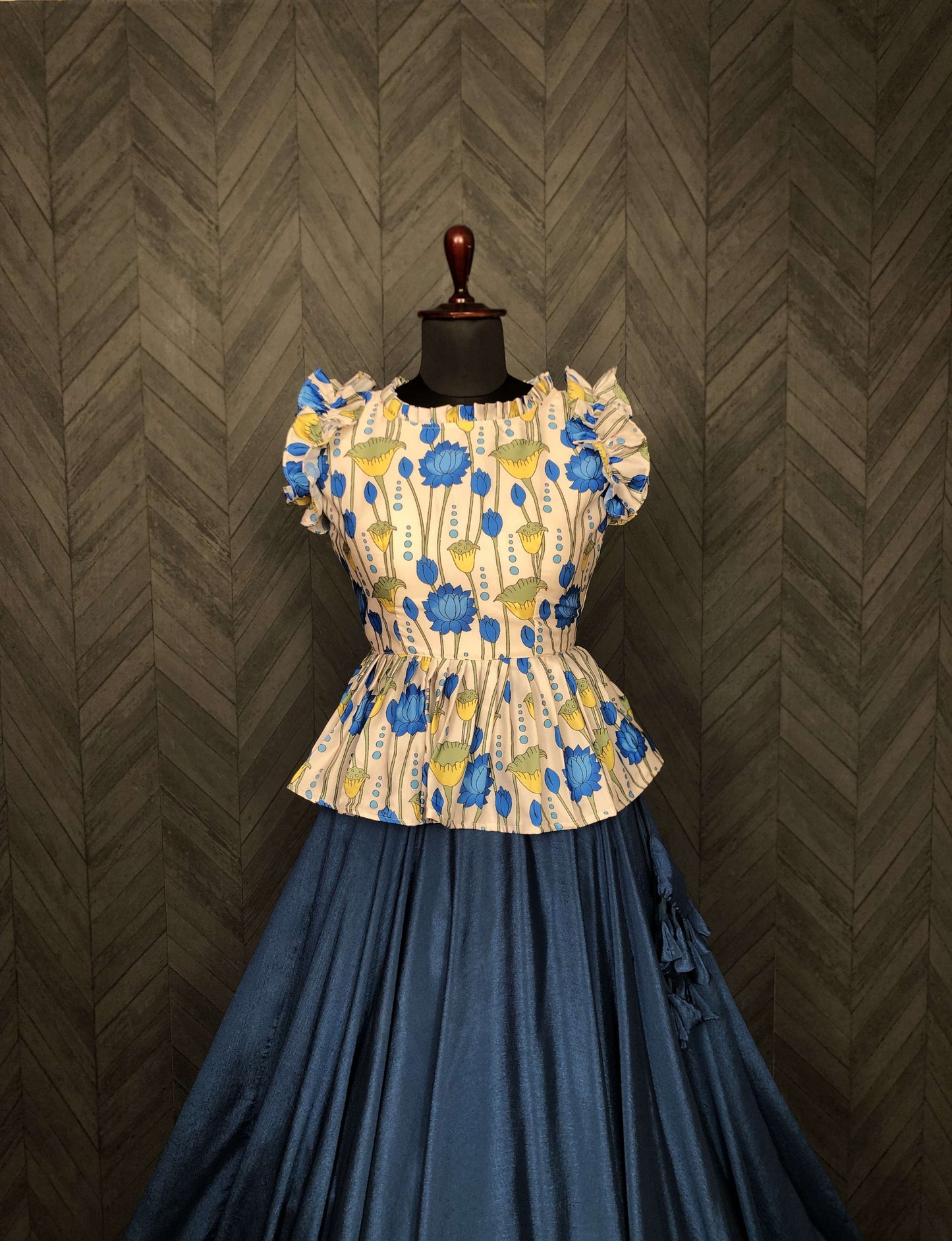 Premium Chinnon Lehenga with Kalamkari Print Maslin Satin Peplum Blouse