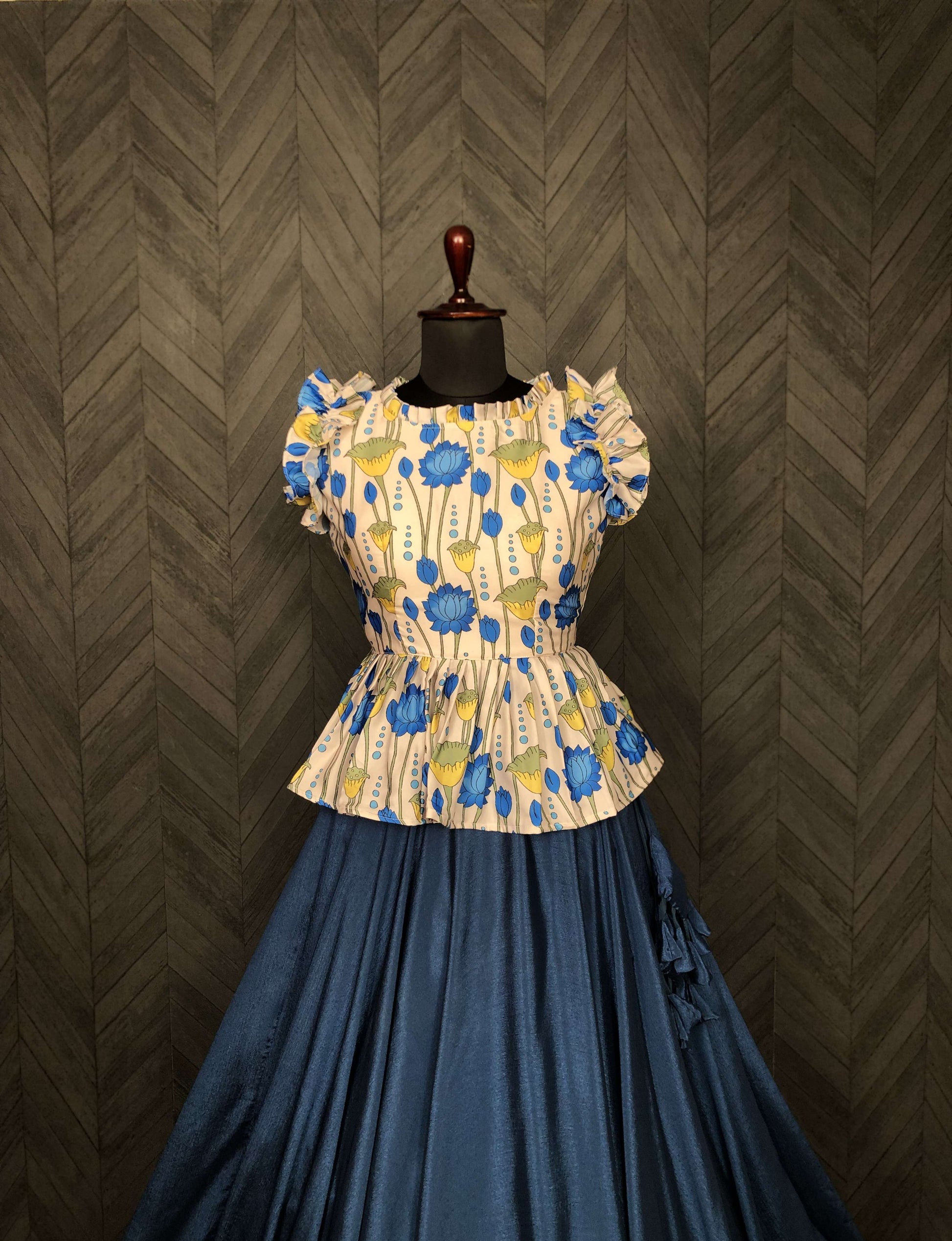 Premium Chinnon Lehenga with Kalamkari Print Maslin Satin Peplum Blouse
