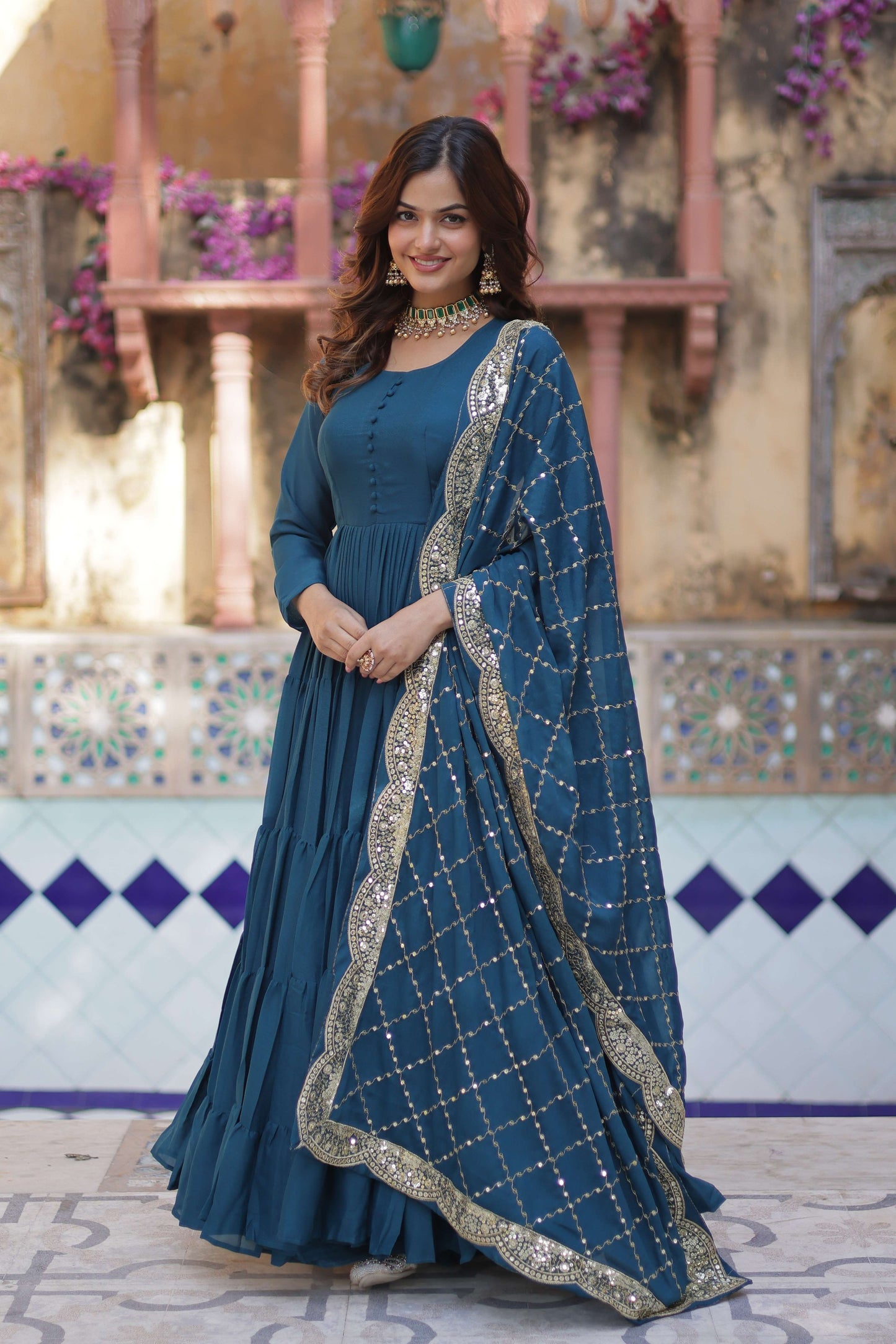 Rama Star Georgette Fully Flared Gown with Sequins Embroidered Dupatta