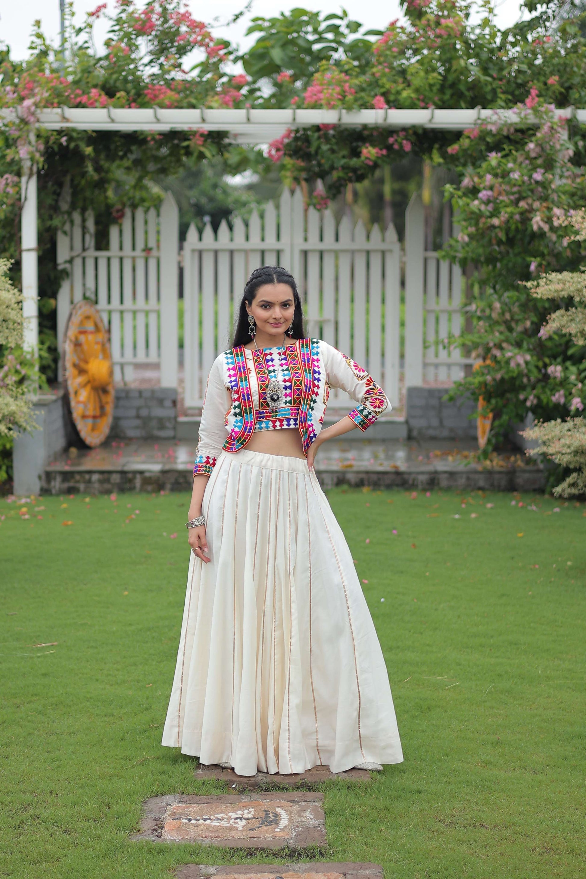 Vibrant Roman Fabric Navratri Lehenga Choli Set with Koti Blouse