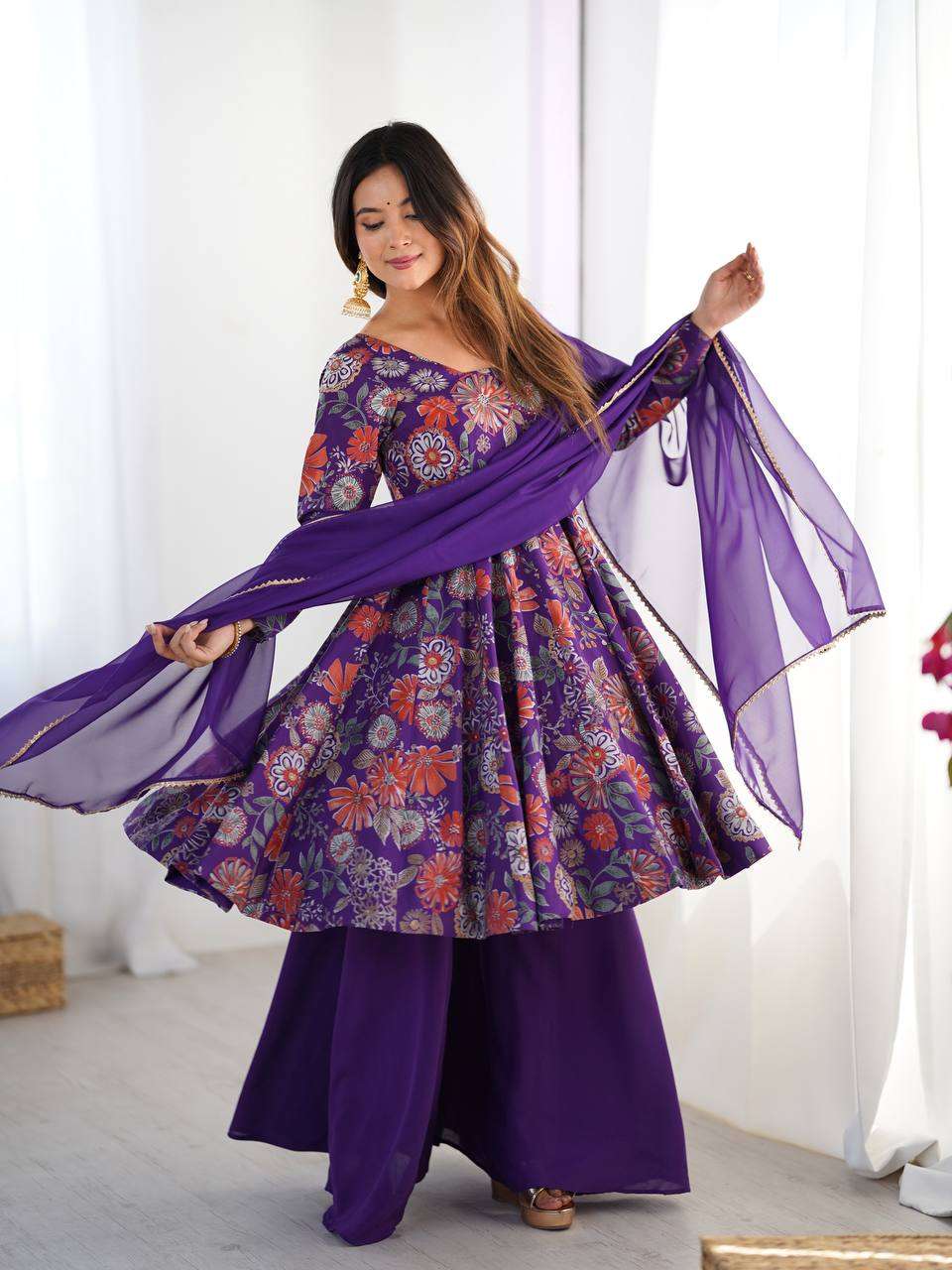 Women's Pure Romansilk Chanderi Printed Anarkali Kurti With Palazzo & Dupatta Set