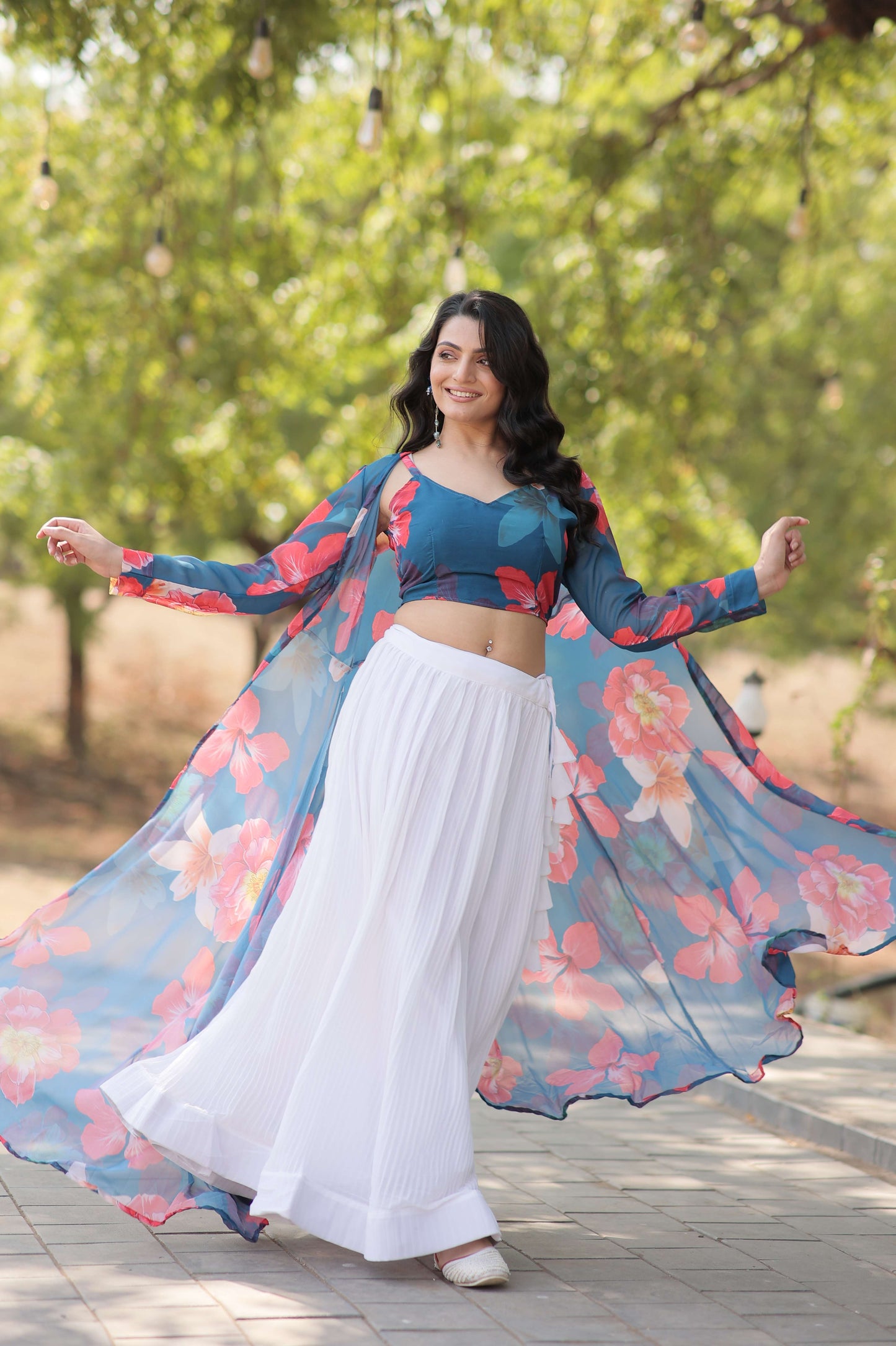 Faux Georgette Lehenga Choli with Digital Flower Print Shrug