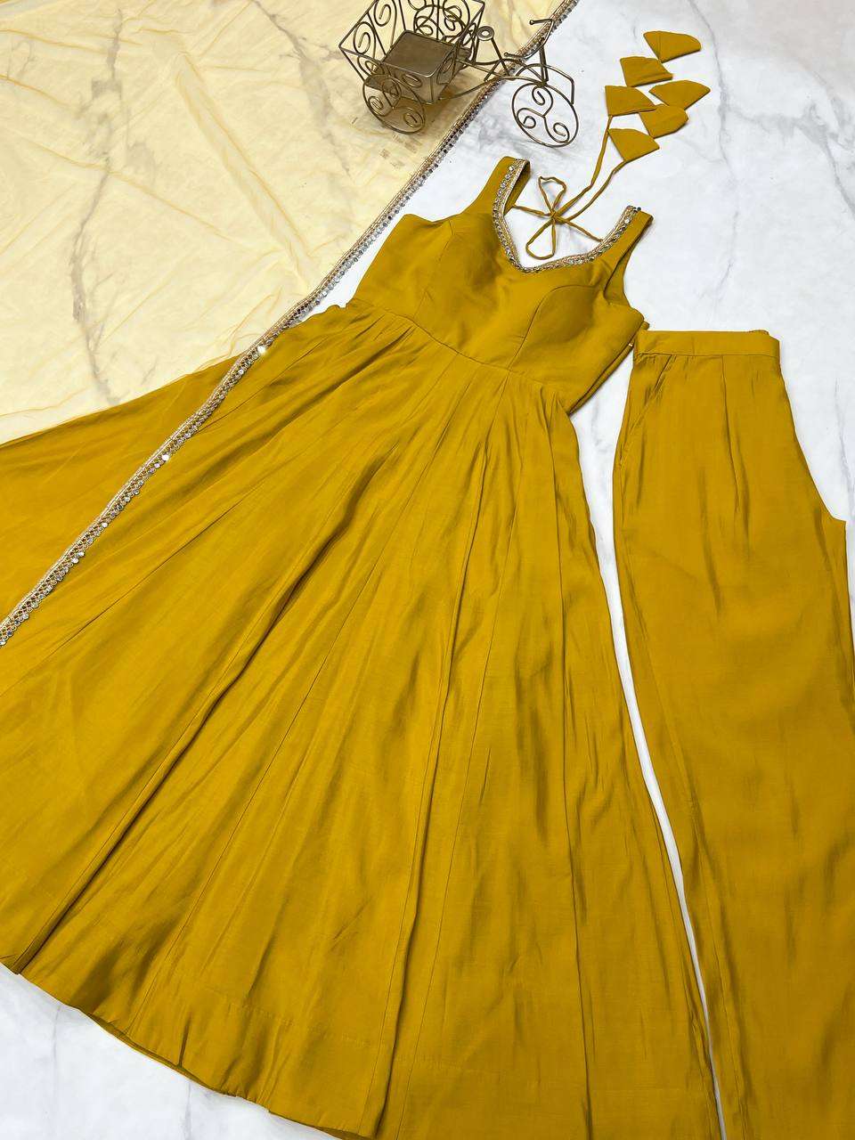 Womens Pure Romansilk Chanderi Anarkali Kurti with Pant & Dupatta Set