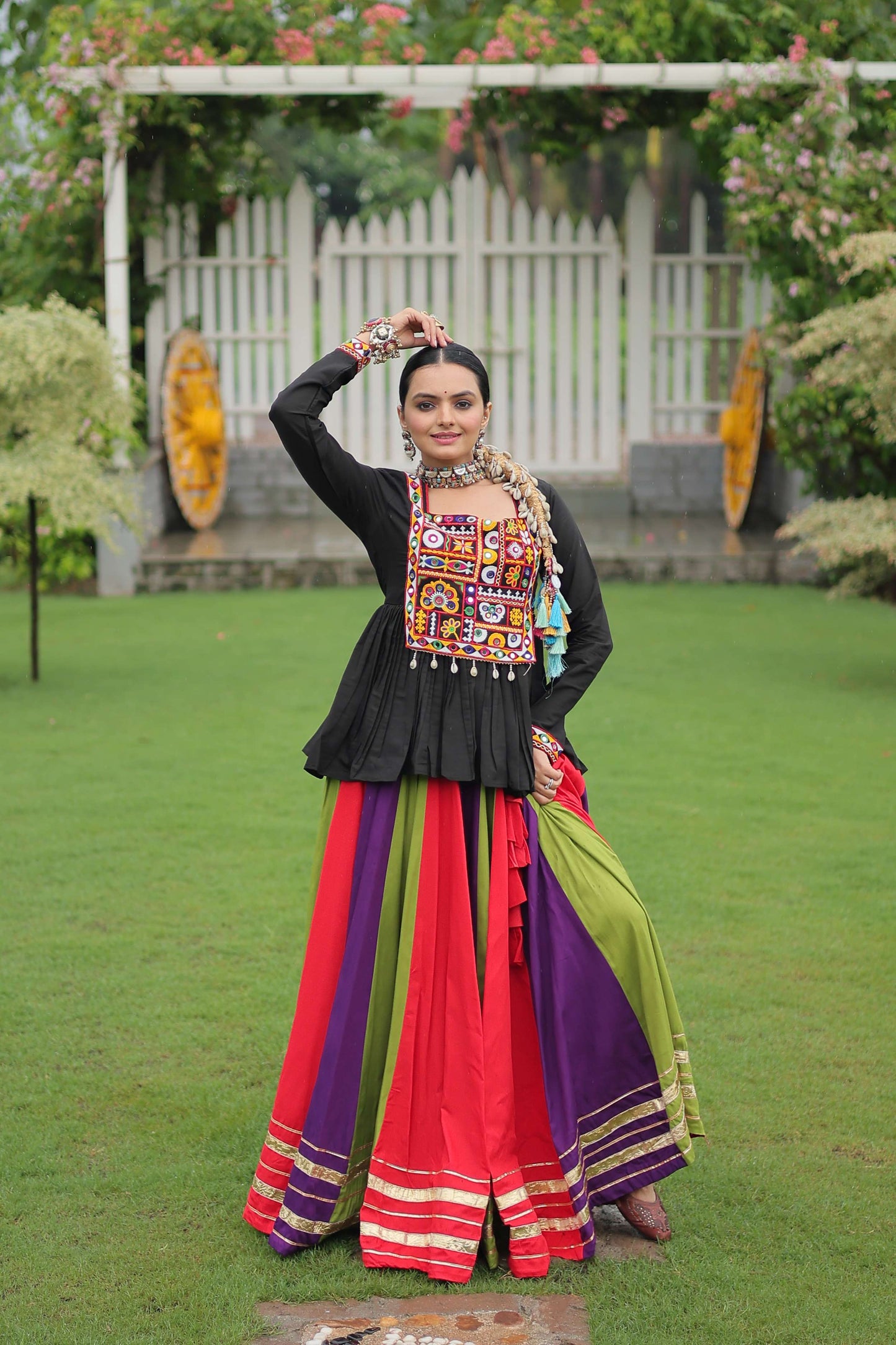Multicolor Navratri Lehenga Choli Set with Black Peplum Top