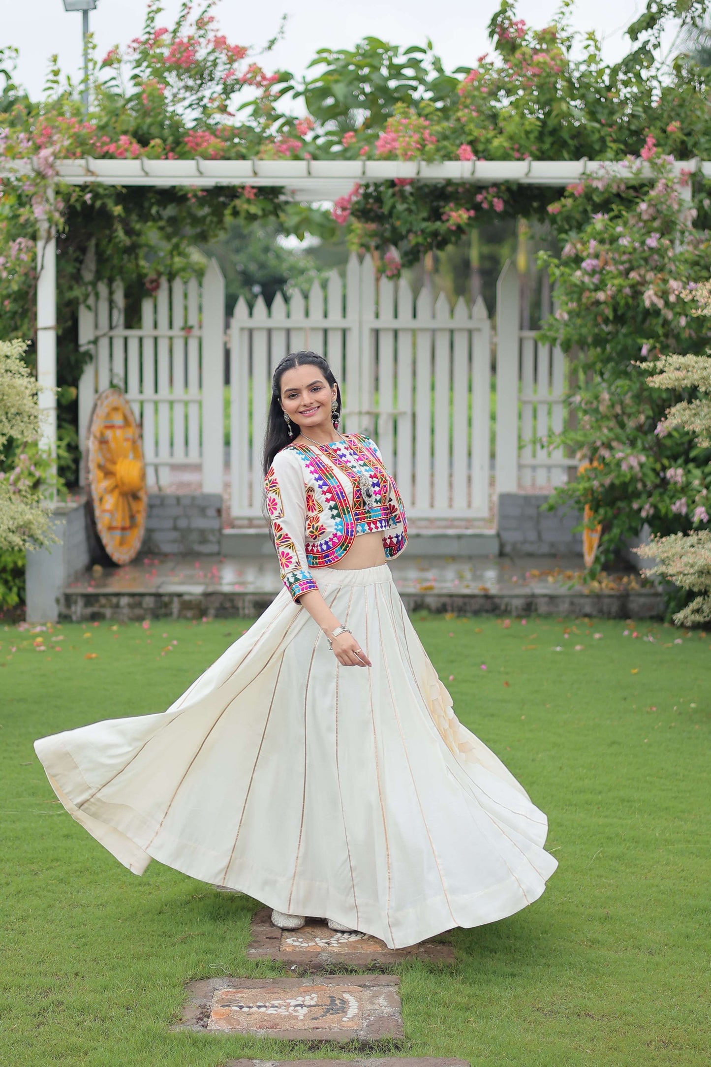 Vibrant Roman Fabric Navratri Lehenga Choli Set with Koti Blouse