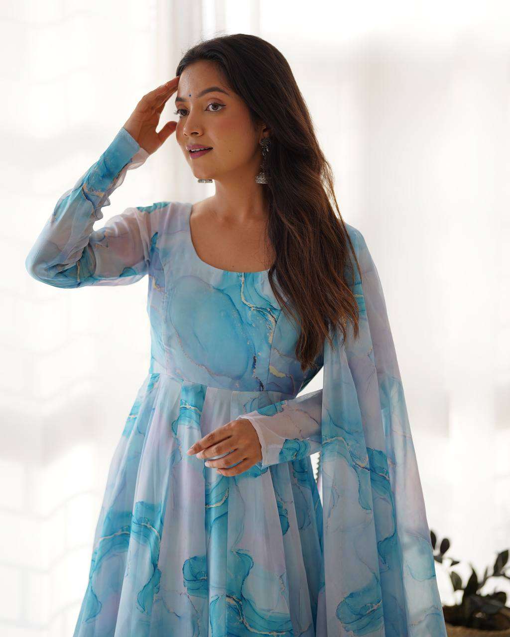 Womens Crunchy Silk Anarkali Kurti with Pant & Dupatta Set
