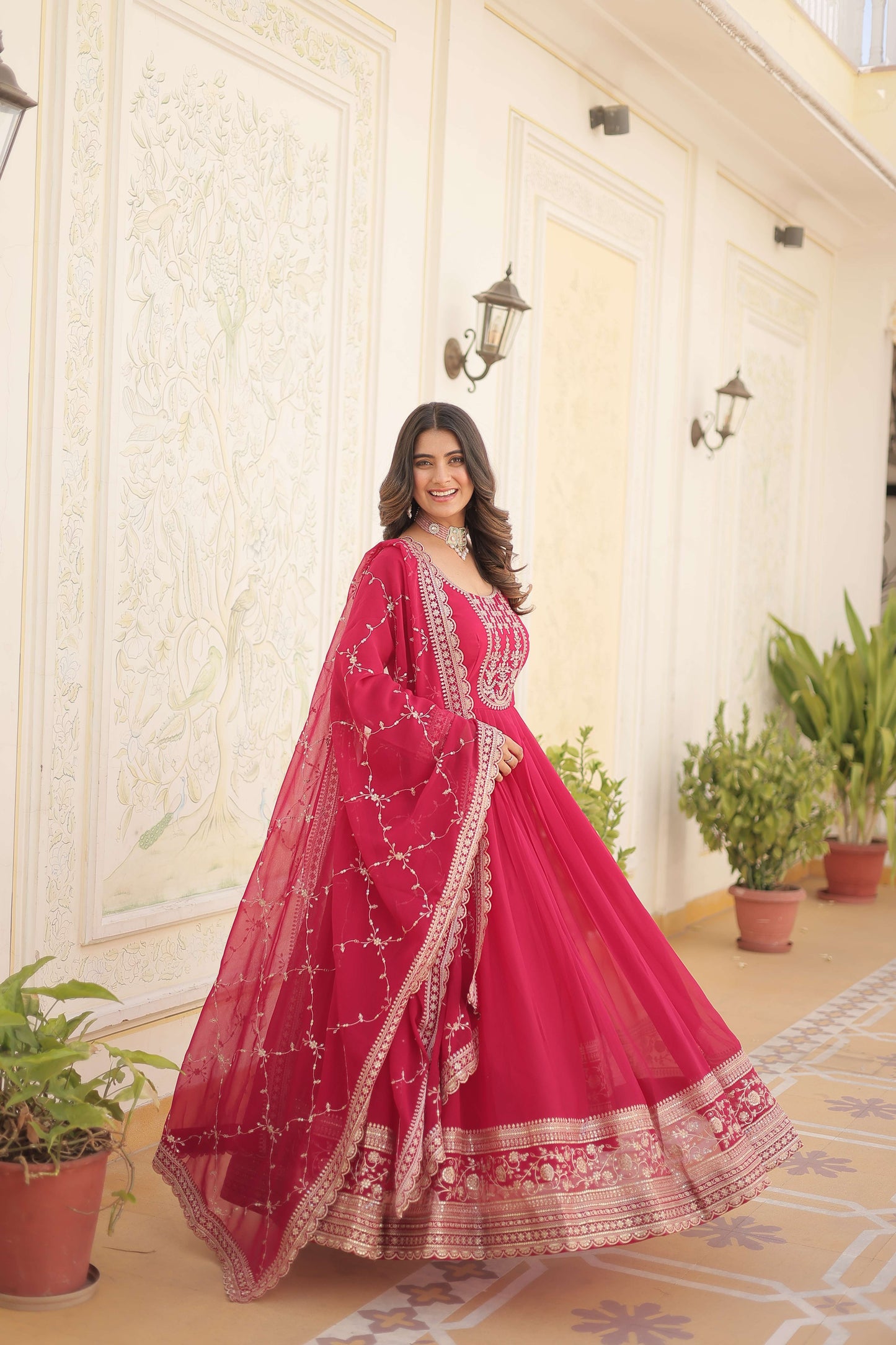 Pink Faux Blooming Sequins Embroidered Gown with Matching Dupatta  Festive & Party Wear 2024