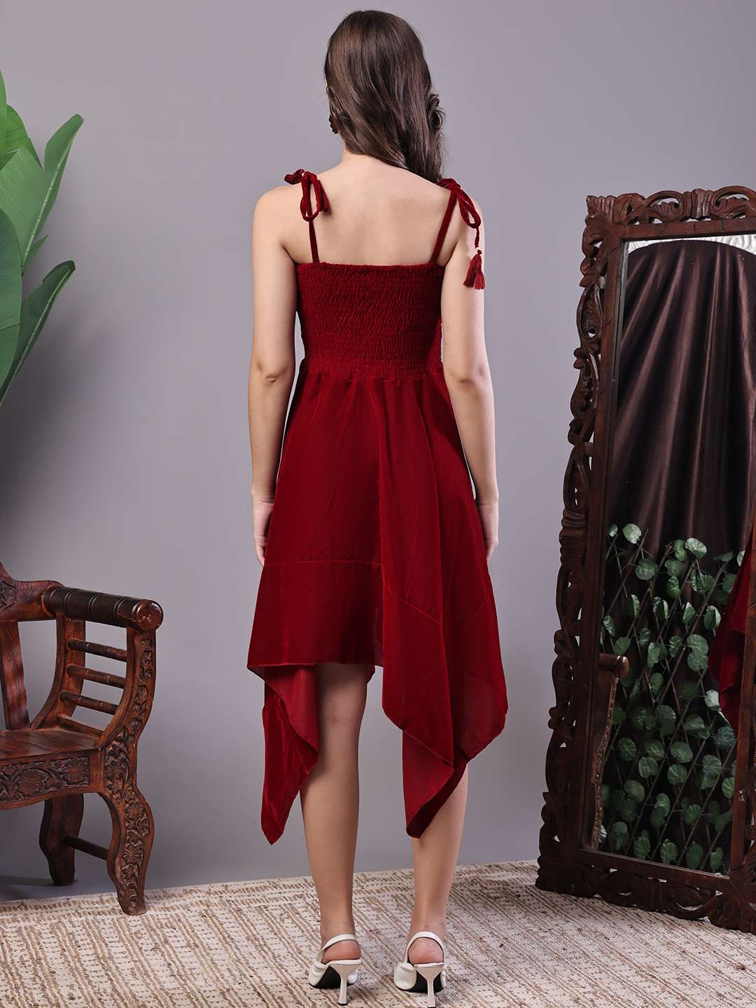 Women's Junglee Velvet Maroon Handkerchief Hem Dress