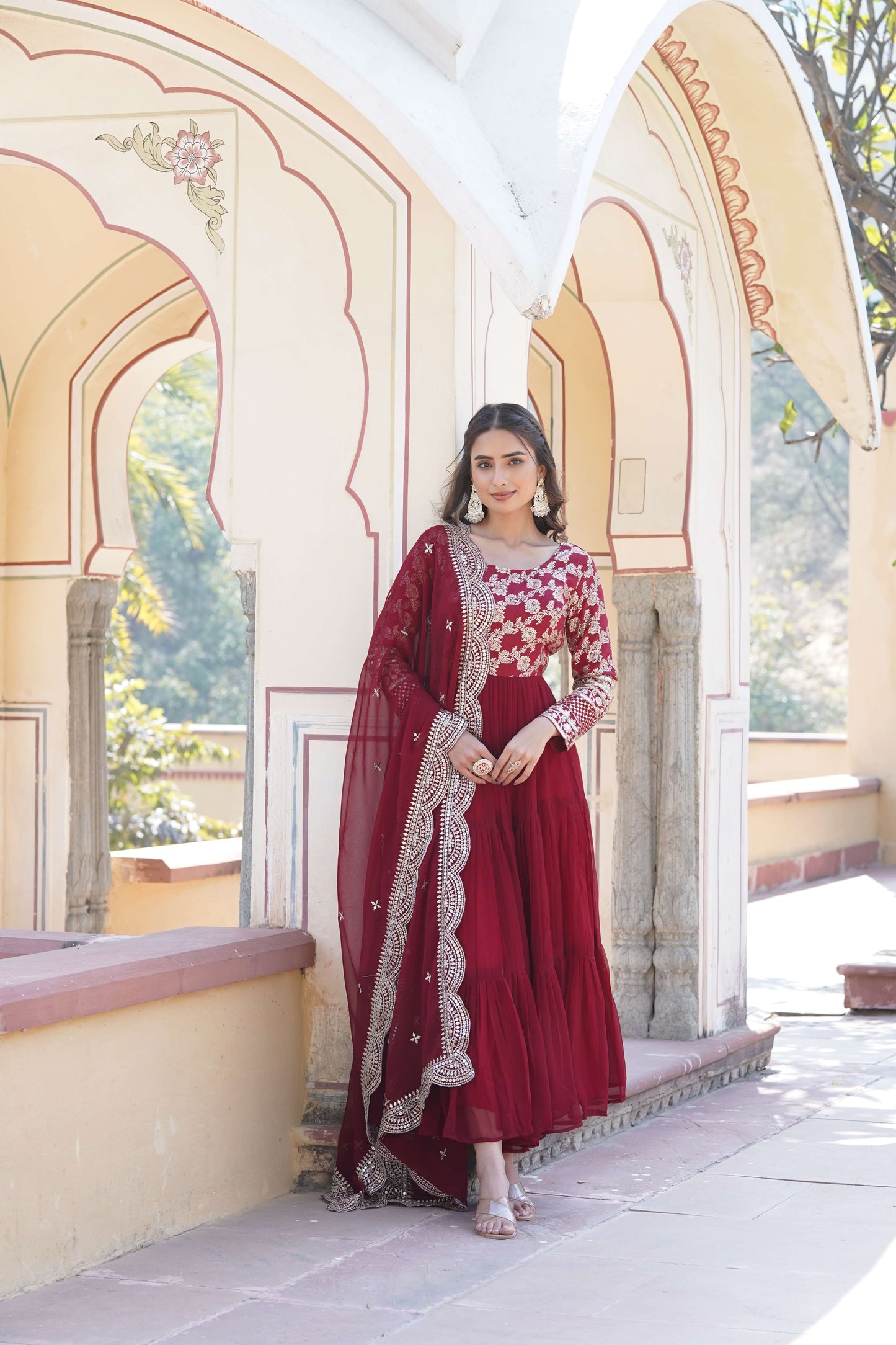 Maroon Faux Blooming Designer Gown with Sequined Dupatta  Fully Flared Elegant Ready-to-Wear Set
