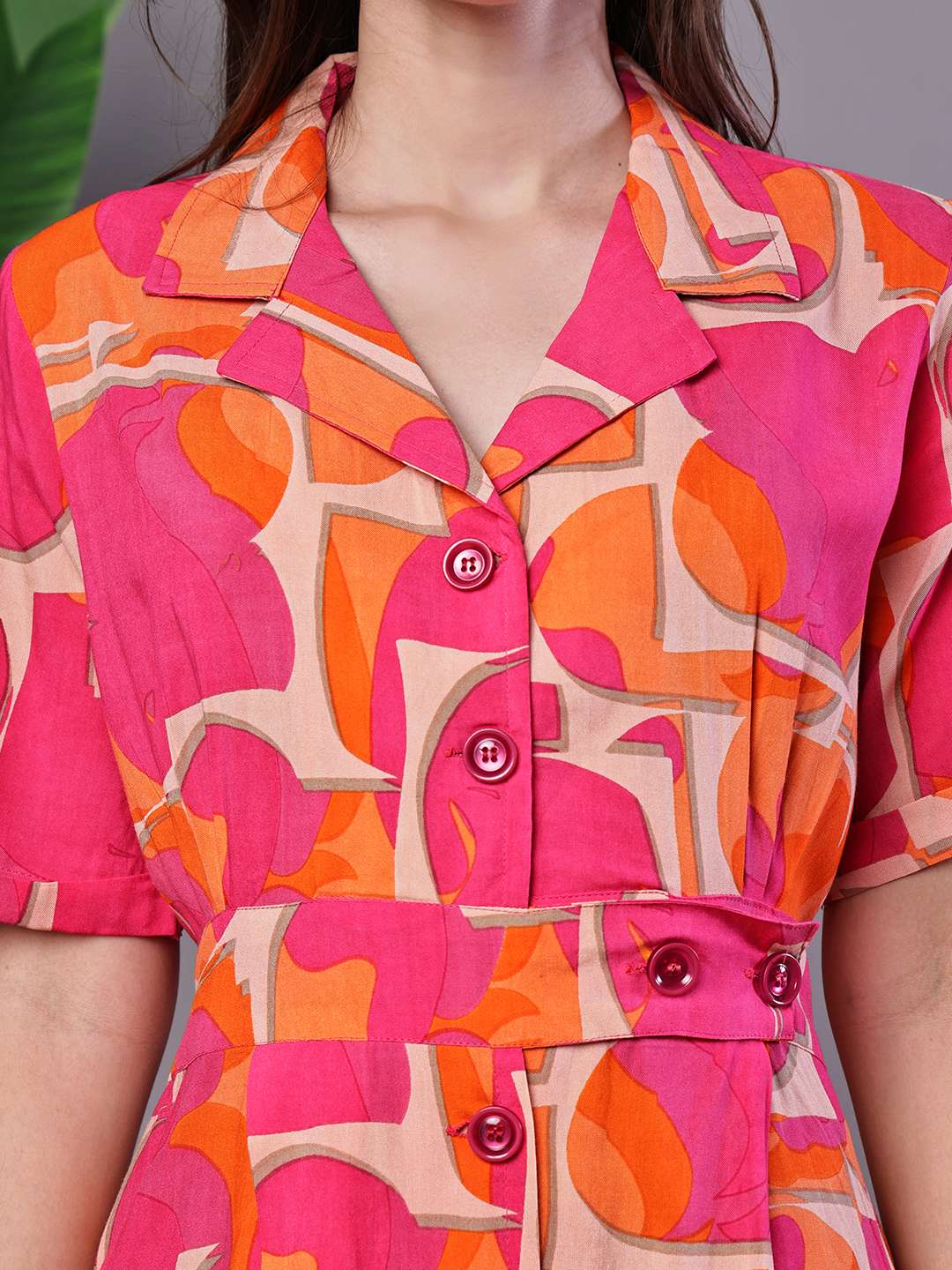 Women's Pink & Orange Abstract Print Cotton Shirt Dress
