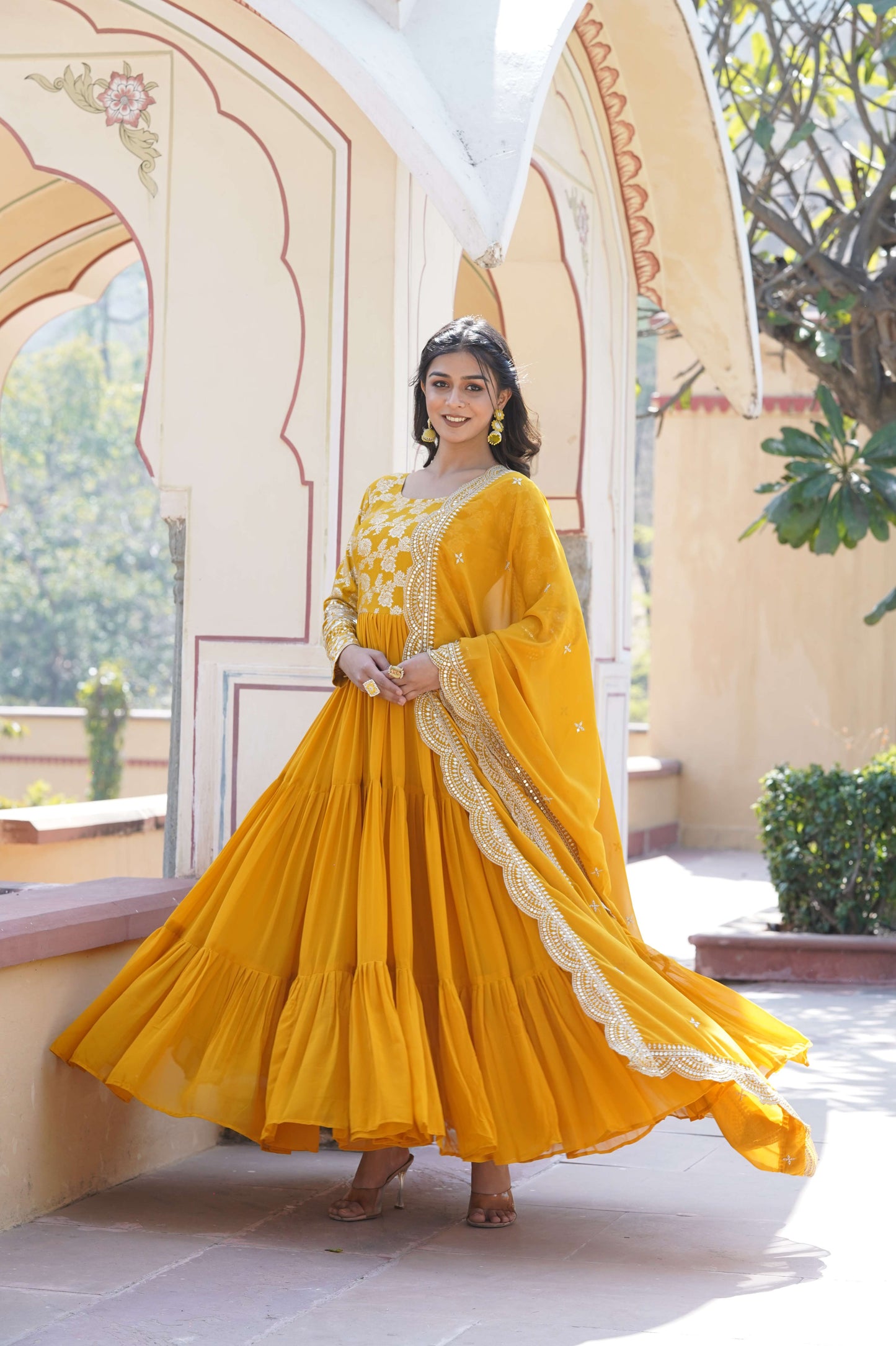 Yellow Faux Blooming Designer Gown with Sequined Dupatta  Elegant Fully Flared Ready-to-Wear Set