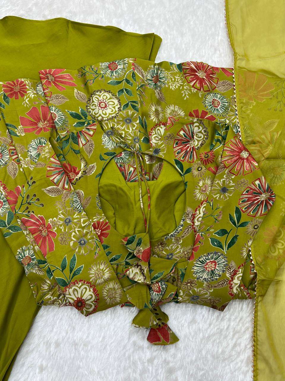 Women's Pure Romansilk Chanderi Printed Anarkali Kurti With Palazzo & Dupatta Set