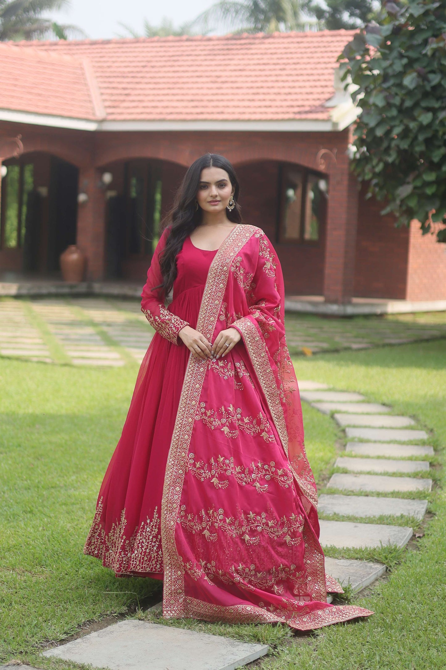 Pink Faux Blooming Designer Gown with Sequined Dupatta  Elegant Fully Flared Party & Wedding Set