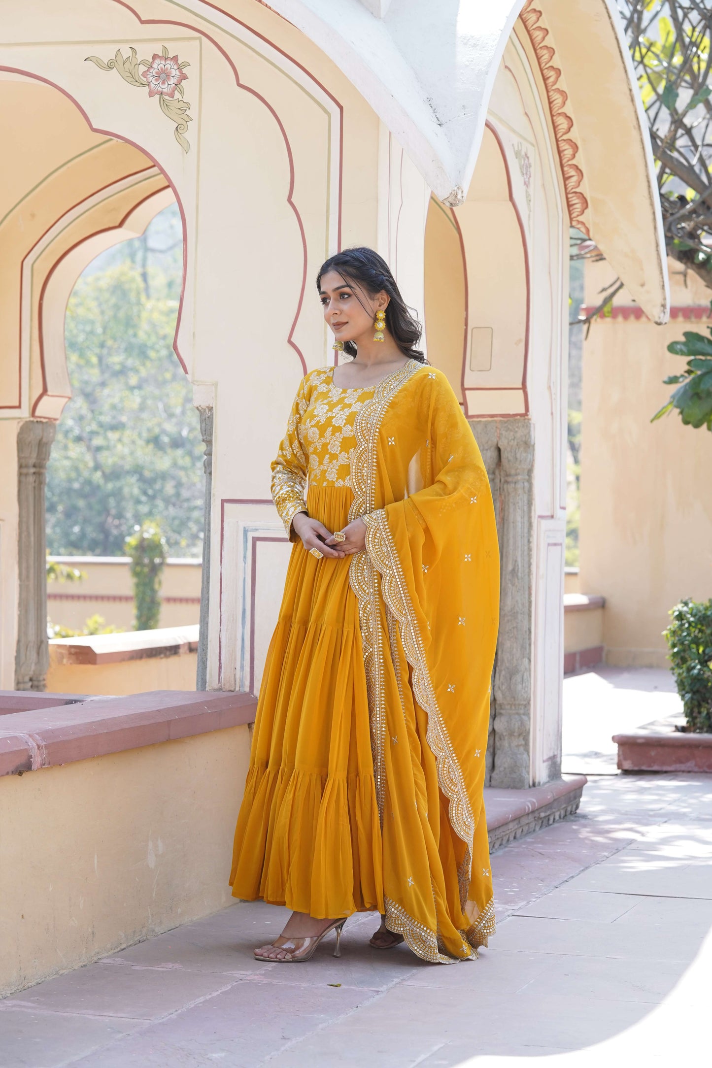 Yellow Faux Blooming Designer Gown with Sequined Dupatta  Elegant Fully Flared Ready-to-Wear Set