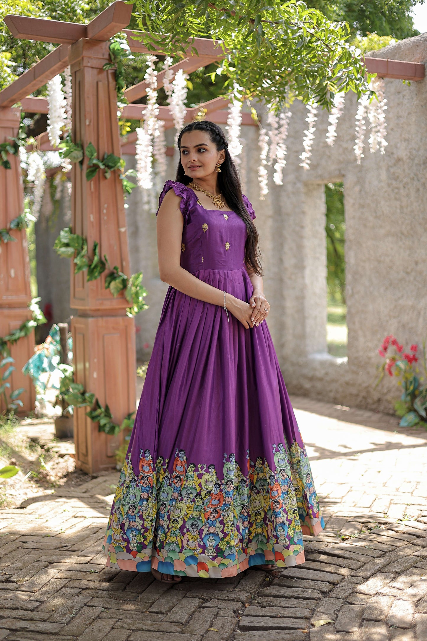 Wine Designer Dola Silk Printed Gown  Sleeveless Fancy Square Neck Ready-to-Wear Dress