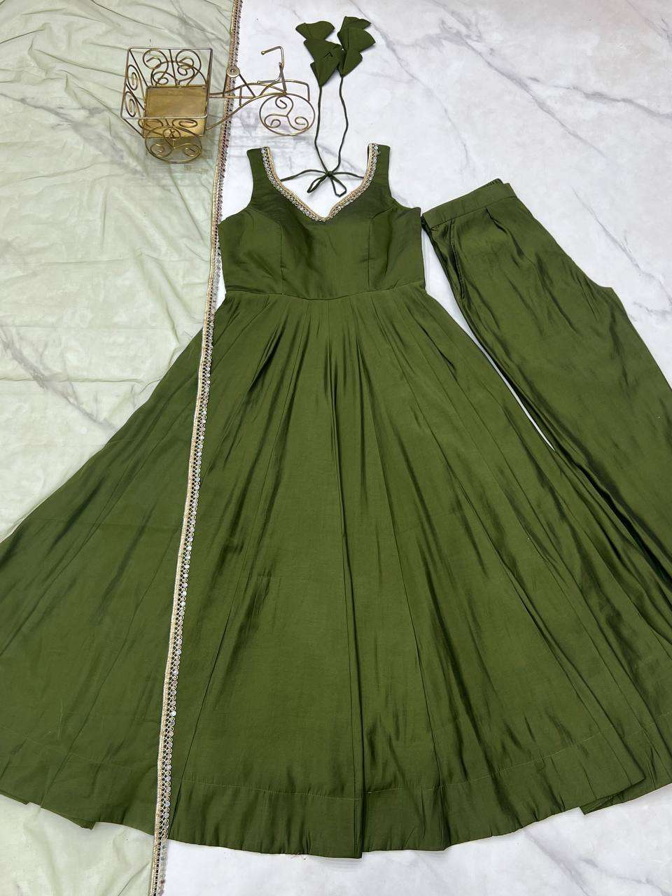 Womens Pure Romansilk Chanderi Anarkali Kurti with Pant & Dupatta Set