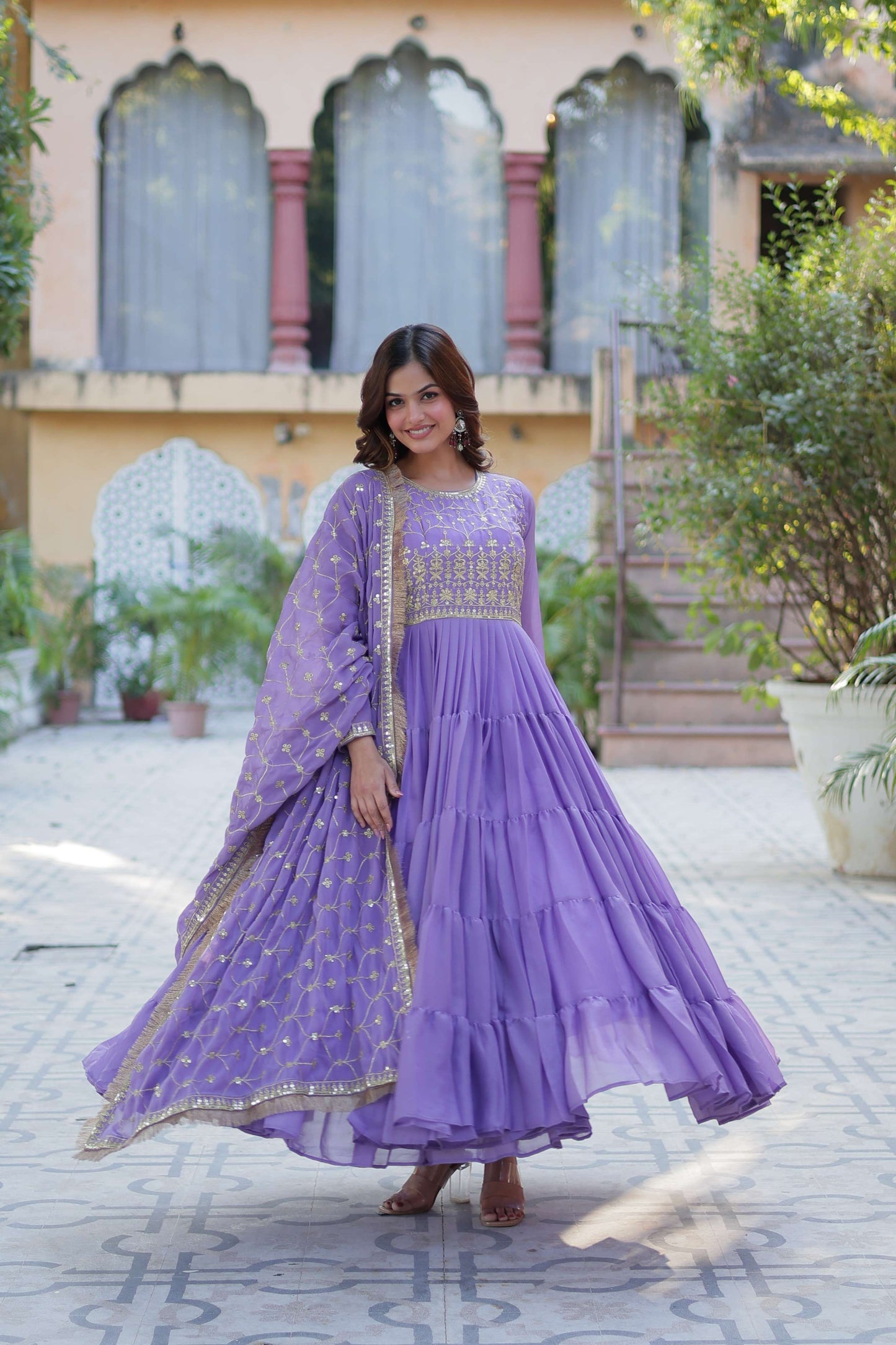 Purple Star Georgette Fully Flared Gown with Sequins Embroidered Dupatta & Lace Border