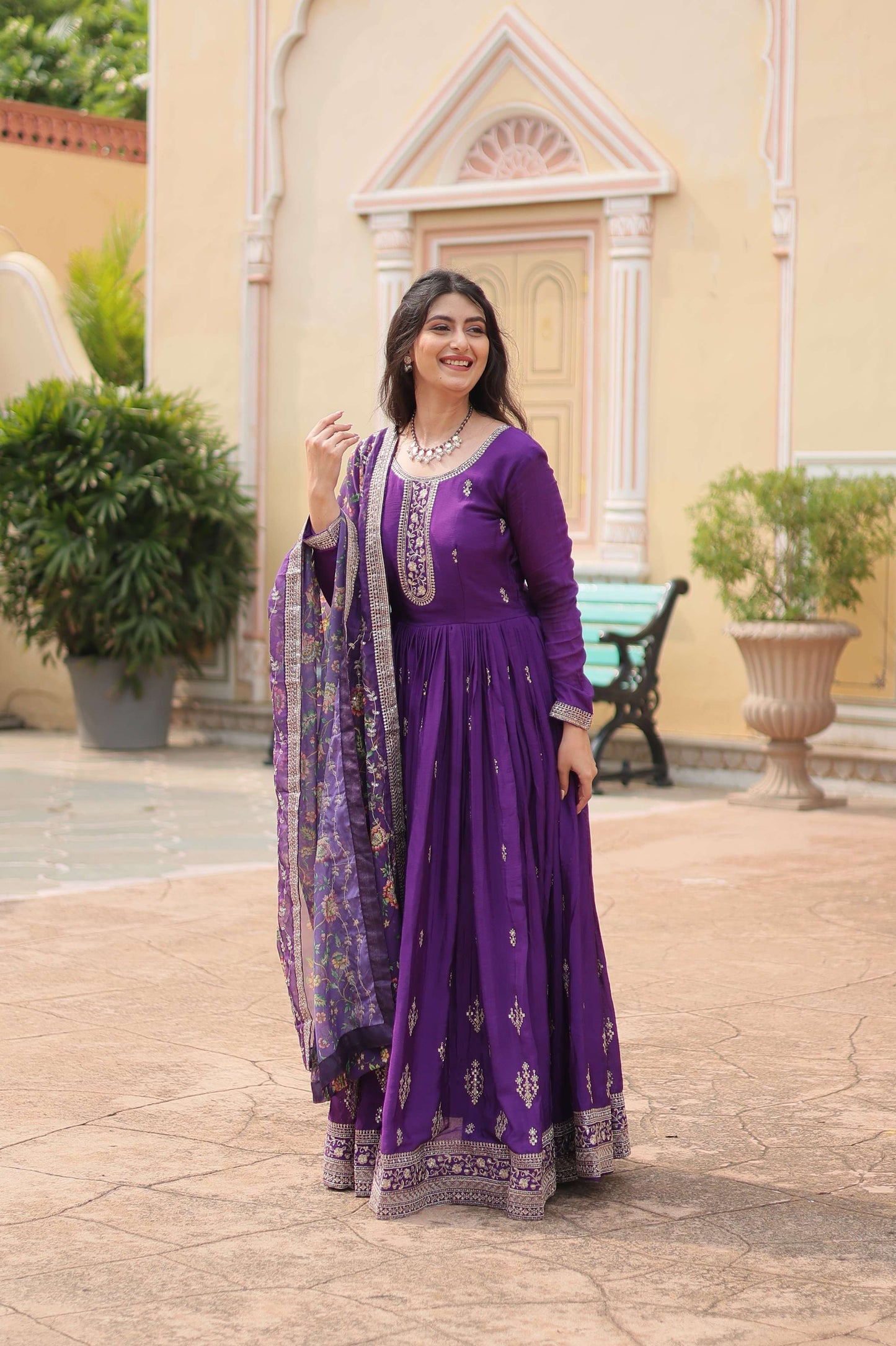 Purple Designer Chinon Sequins Embroidered Gown with Kalamkari Silk Dupatta